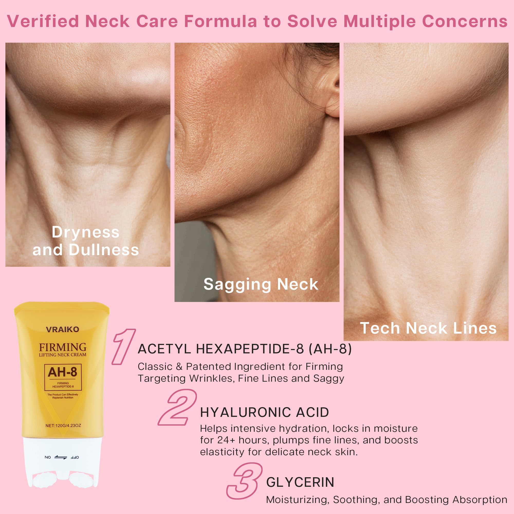VRAIKO AH-8 Neck Firming Cream, 2-In-1 Gua Sha Neck Cream Roller with AH8 & Ceramide NP - Image 3