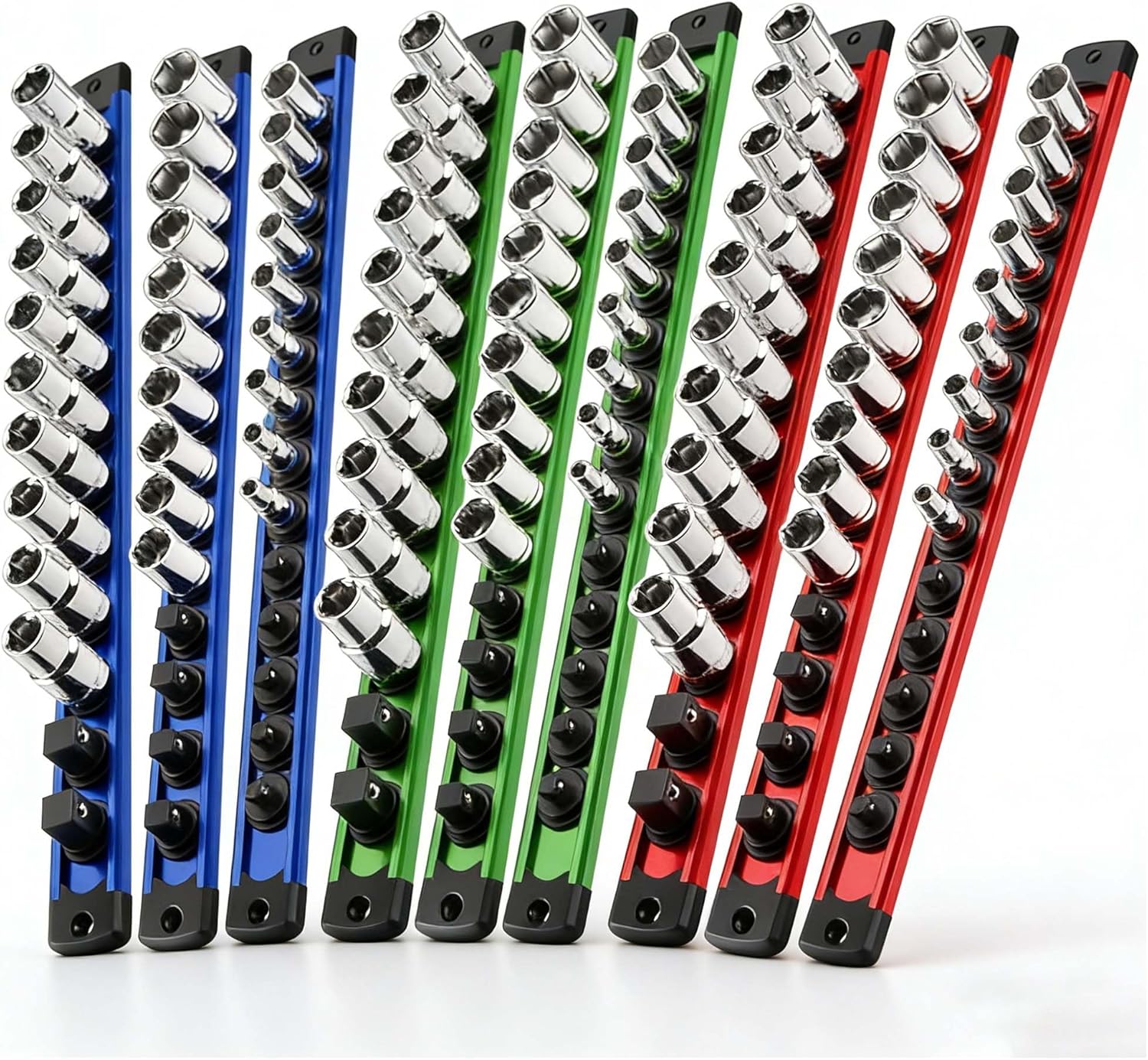 Magnetic Socket Organizer Set, 9-Piece Detachable Magnetic Socket Holder for 1/4, 3/8, 1/2 Sockets, 120-Slot Aluminum Socket Organizer Magnetic for Toolbox Drawer, Garage & Mechanics (Red/Blue/Green)