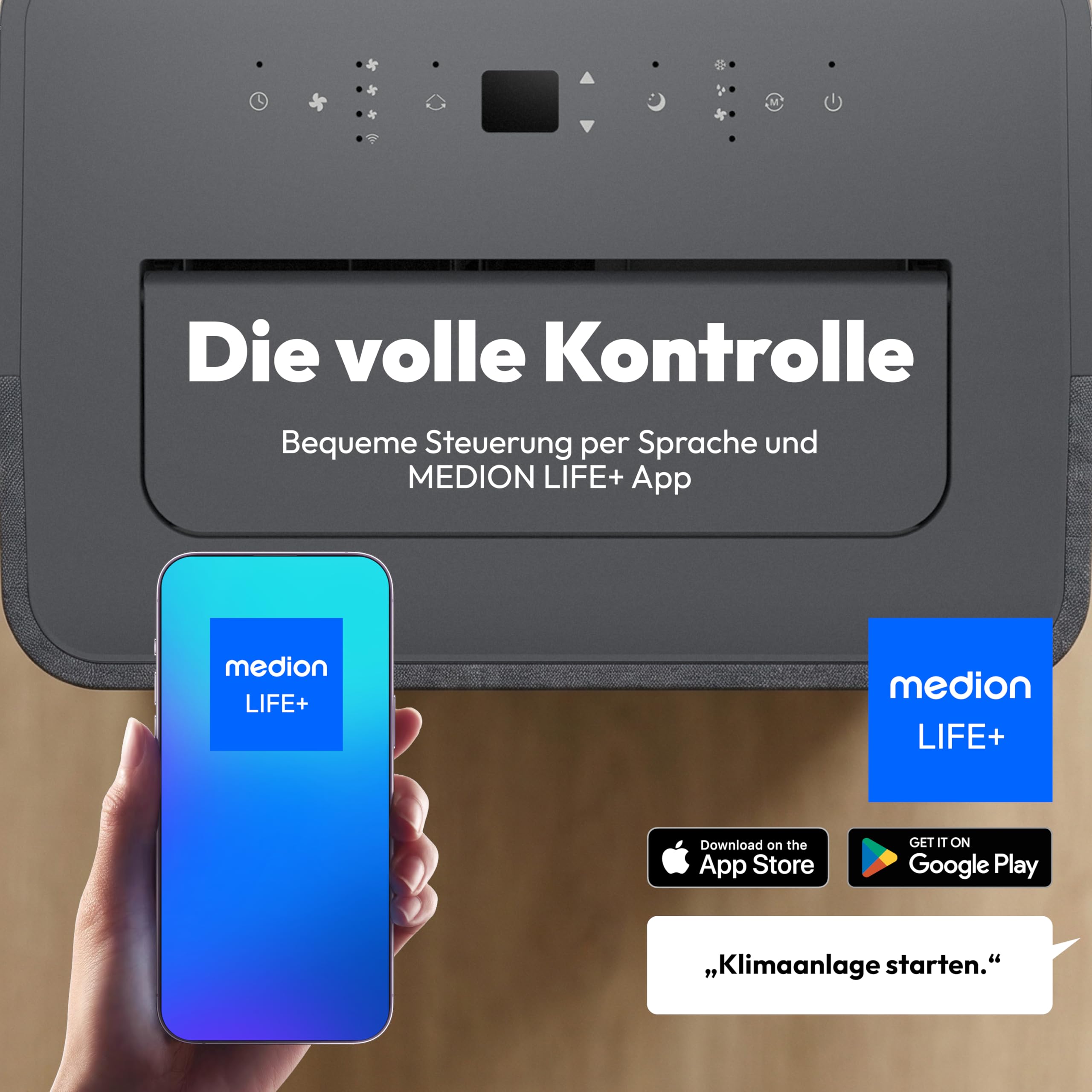 MEDION Smarte Mobile Klimaanlage mit Abluftschlauch P1202 (12000 BTU, mobil, inkl. Fensterabdichtung, bis 42m², 3in1 Kühlen Entfeuchten Ventilieren, App- und Sprachsteuerung, Schlafmodus