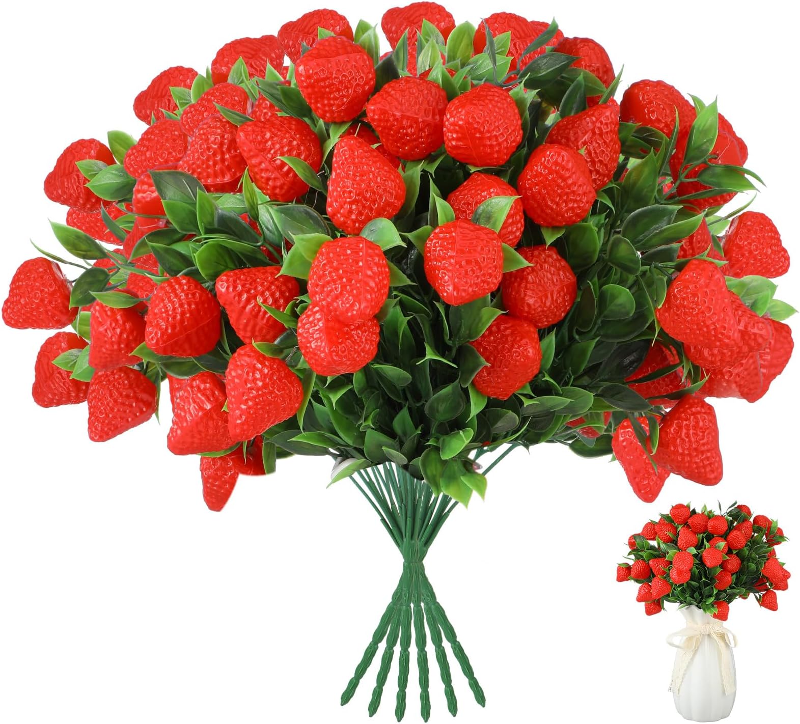6 Pcs Large Artificial Strawberries Simulated Branches Faux Strawberry Plants with Flexible Stems, Plastic Strawberry Decor for Home, Wedding, Party & Table Centerpieces