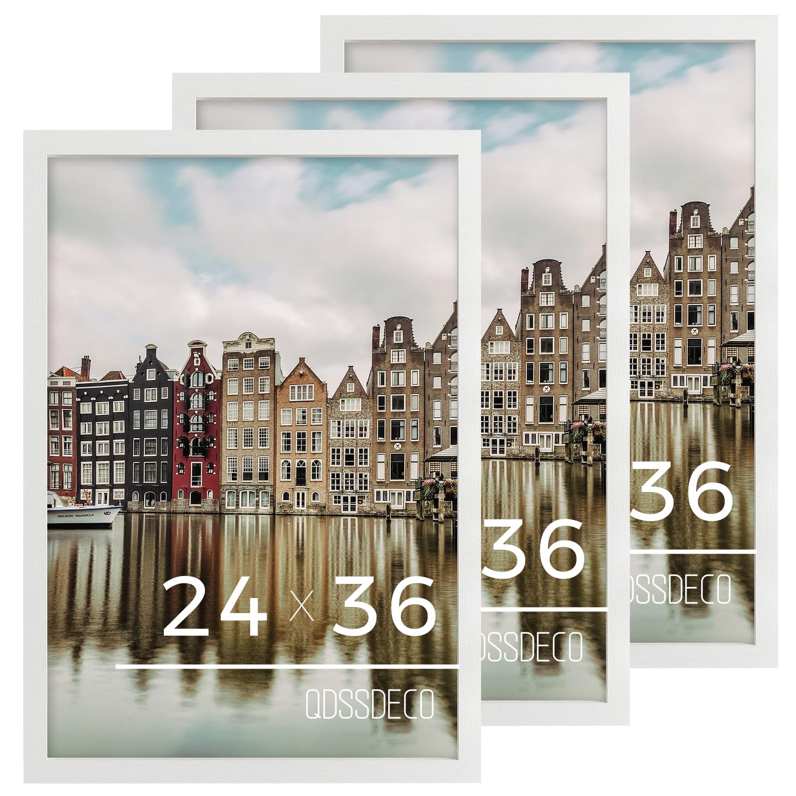 Condition photo showing New/Like New for qdssdeco 24x36 poster frame white wood frame with plexiglass horizontal and vertical formats hanging on the wall display picture, set of 3