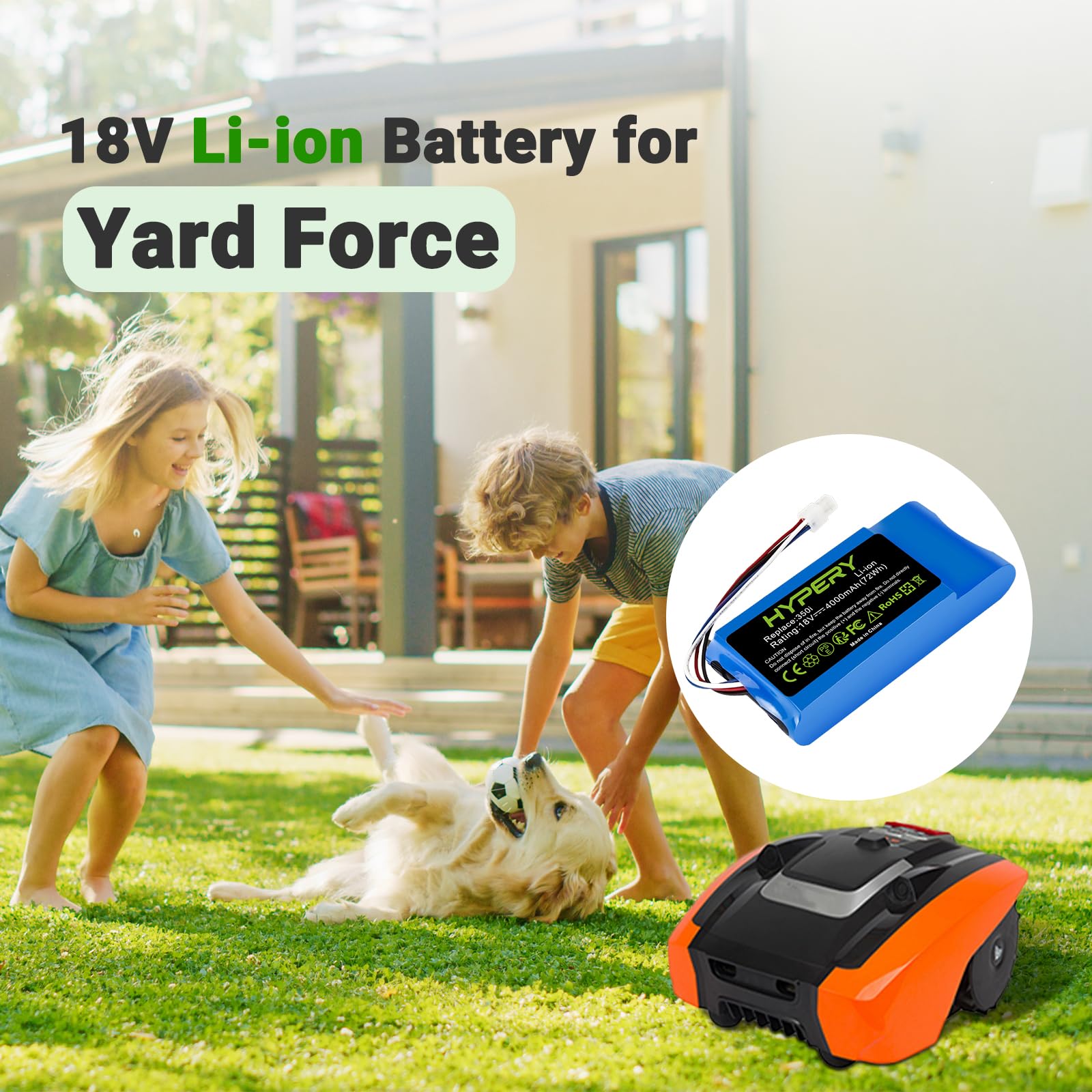 Batteria di ricambio agli ioni di litio da 18 V, 4000 mAh, compatibile con Yard Force Amiro 350, 350i, 400, 400i, Compact 280R, 400Ri, tosaerba