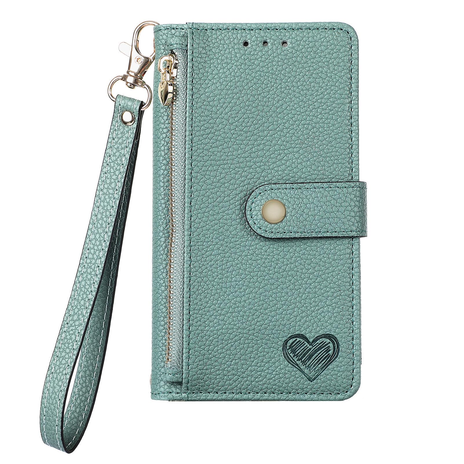 Pocket Phone Cover for Samsung Galaxy A13 5G Zipper Bag Love Wallet Dermis Leather Clutch Flip Case Magnetic with 7 Card Slots Wrist Strap Cover Shockproof Girls Phone Case for Samsung A13 5G,Green