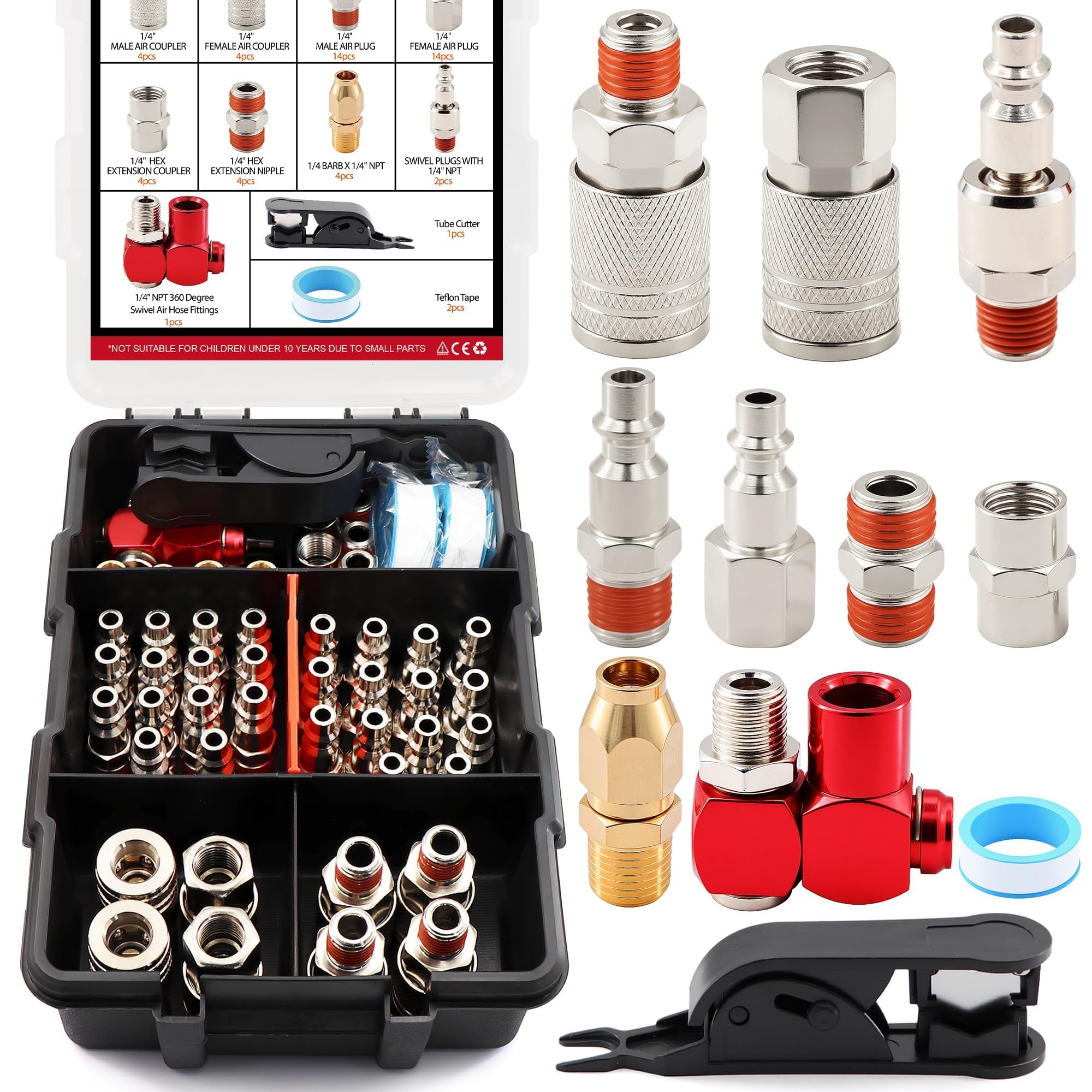 Kit de 54 raccords d'air industriels NPT de 6,35 mm – Ensemble complet avec pivot à 360°, coupleurs à connexion rapide, bouchons et adaptateurs pour compresseur d'air et outils pneumatiques