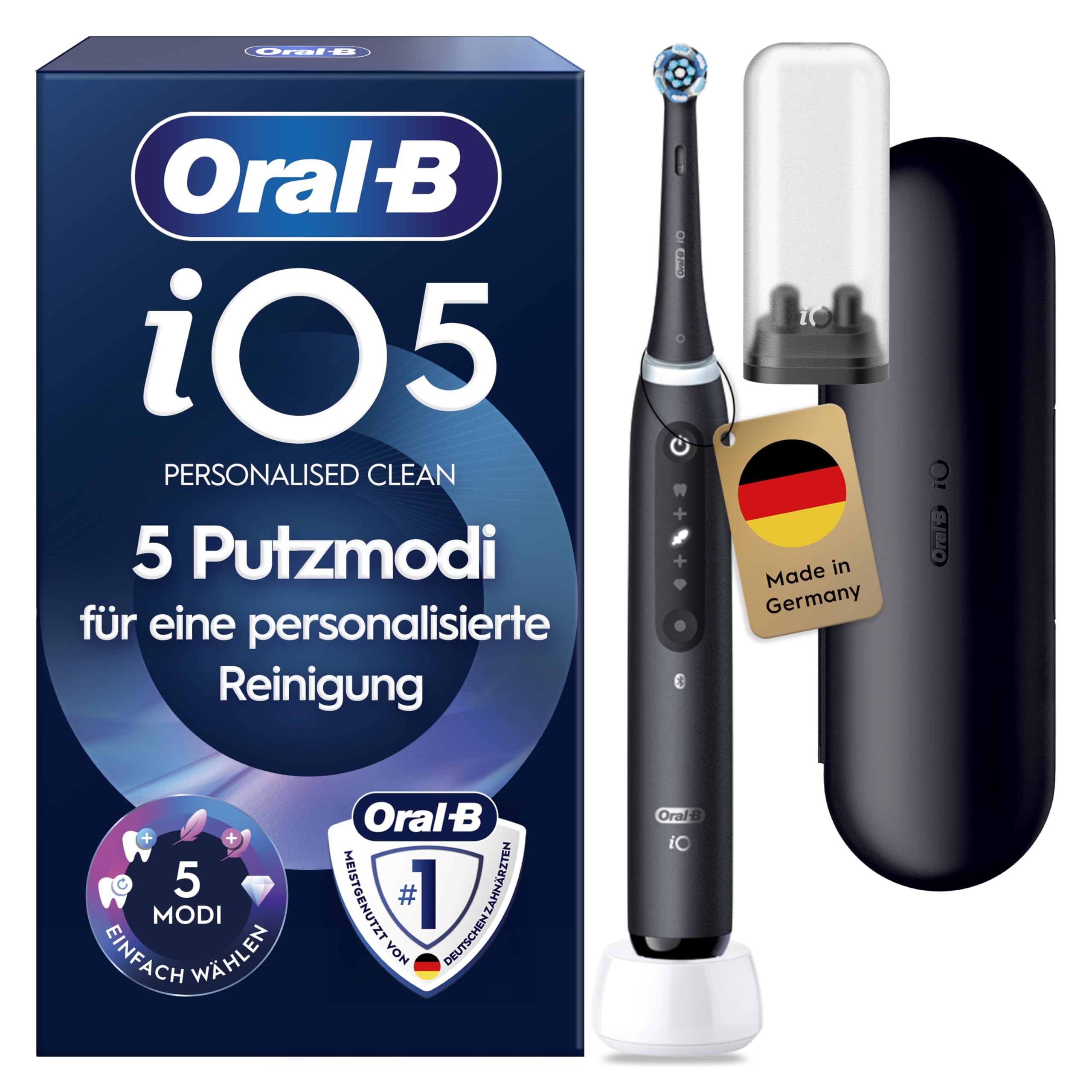 Oral-B iO Series 5 Elektrische Zahnbürste, Schwarz | Inkl. 1 Aufsteckbürste, Reise-Etui, Electric Toothbrush mit 5 Putzmodi für Zahnpflege