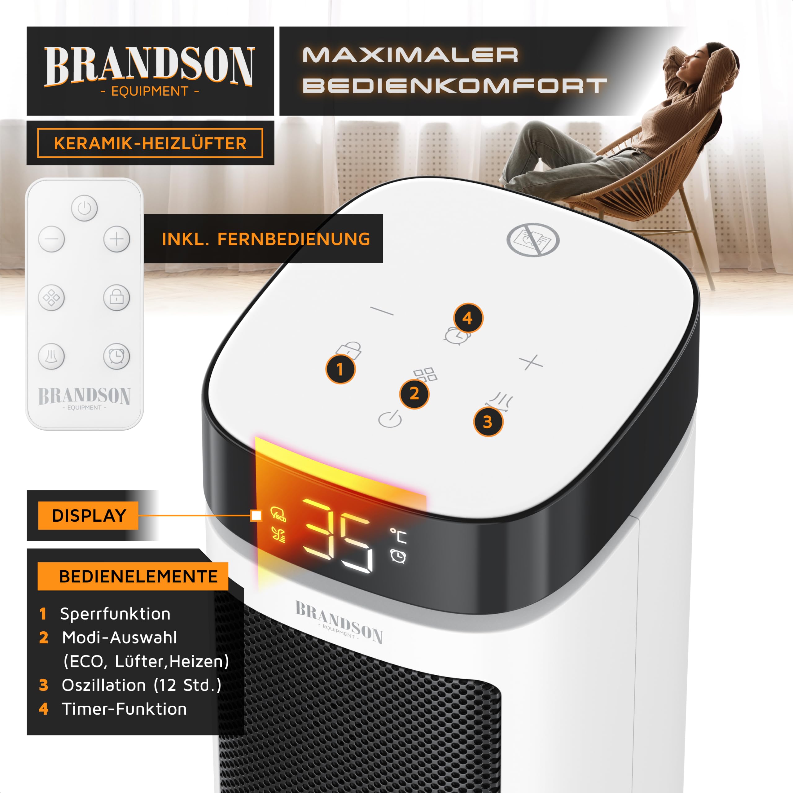 Brandson - Heizlüfter mit Fernbedienung - energiesparend ECO Modus – 2000 Watt Heater - mit Oszillation - 2 Heizstufen - Überhitzungs- und Umkippschutz - Badezimmer Schlafzimmer Baby Kinderzimmer