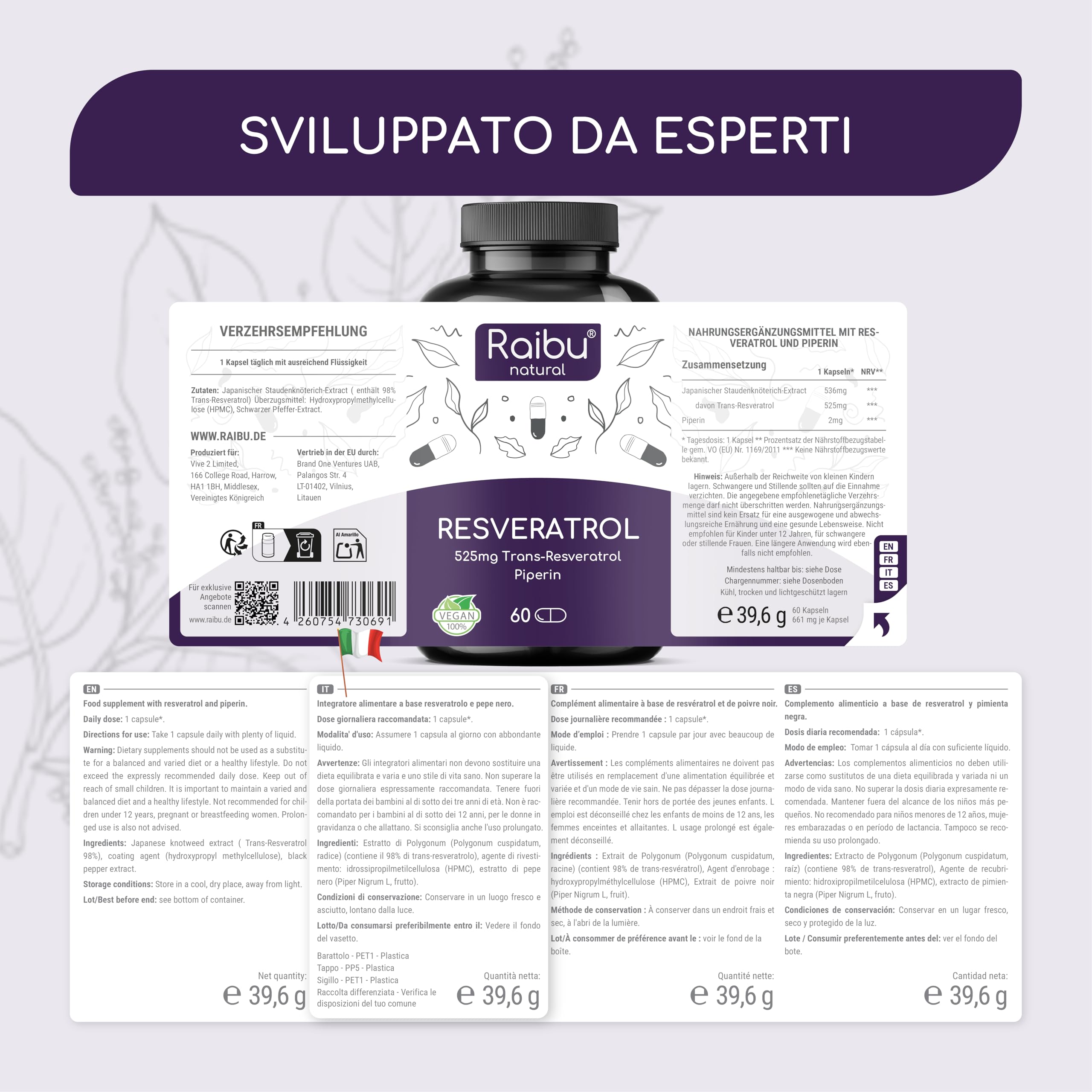 Resveratrolo Puro, 1050mg di Trans-Resveratrolo 98% da Polygonum Cuspidatum - Antiossidante Naturale, Alto Assorbimento - Senza Magnesio Stearato né OGM - 60 capsule vegane