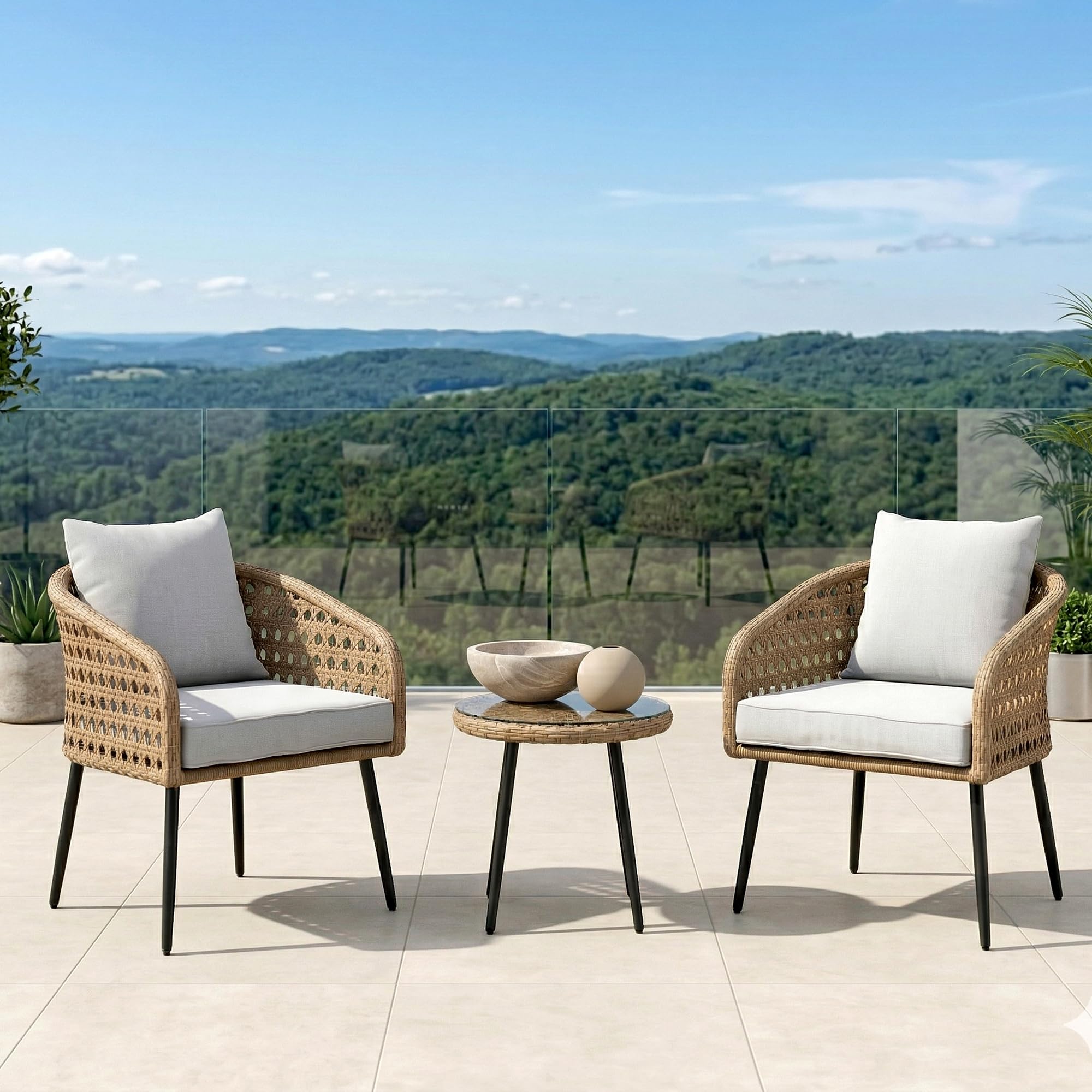 BRISHI Garden Patio Seating Chair and Table Set Outdoor Balcony Garden Coffee Table Set Furniture and 2 Chairs 1 Table Set with Cushion (Honey)