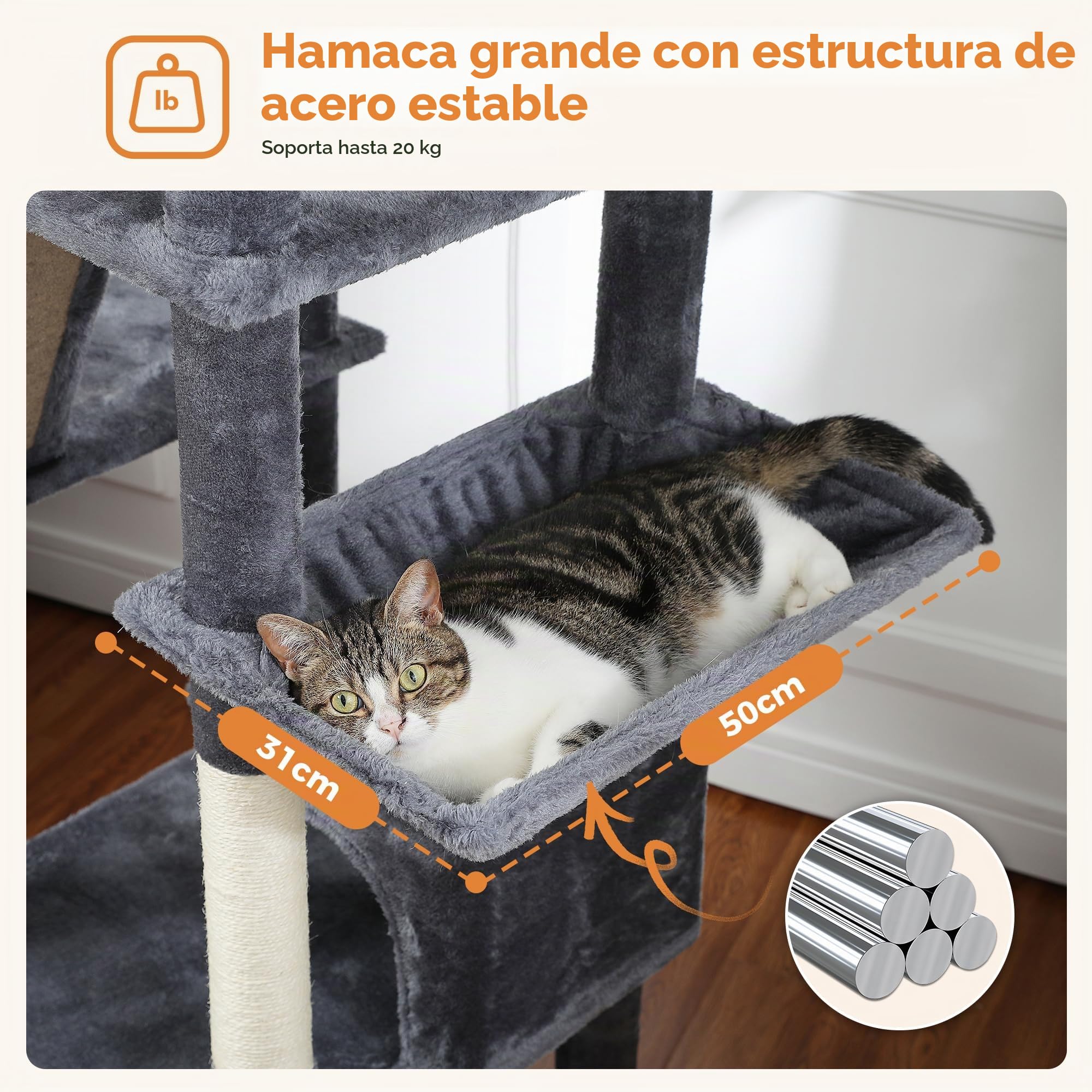 PETEPELA Árbol rascador grande, de 180 cm, para gatos grandes, con 6 columnas de sisal, 2 tablas para rascar, 2 plataformas, 1 hamaca, 2 pelotas de juego, tela de felpa, gris oscuro
