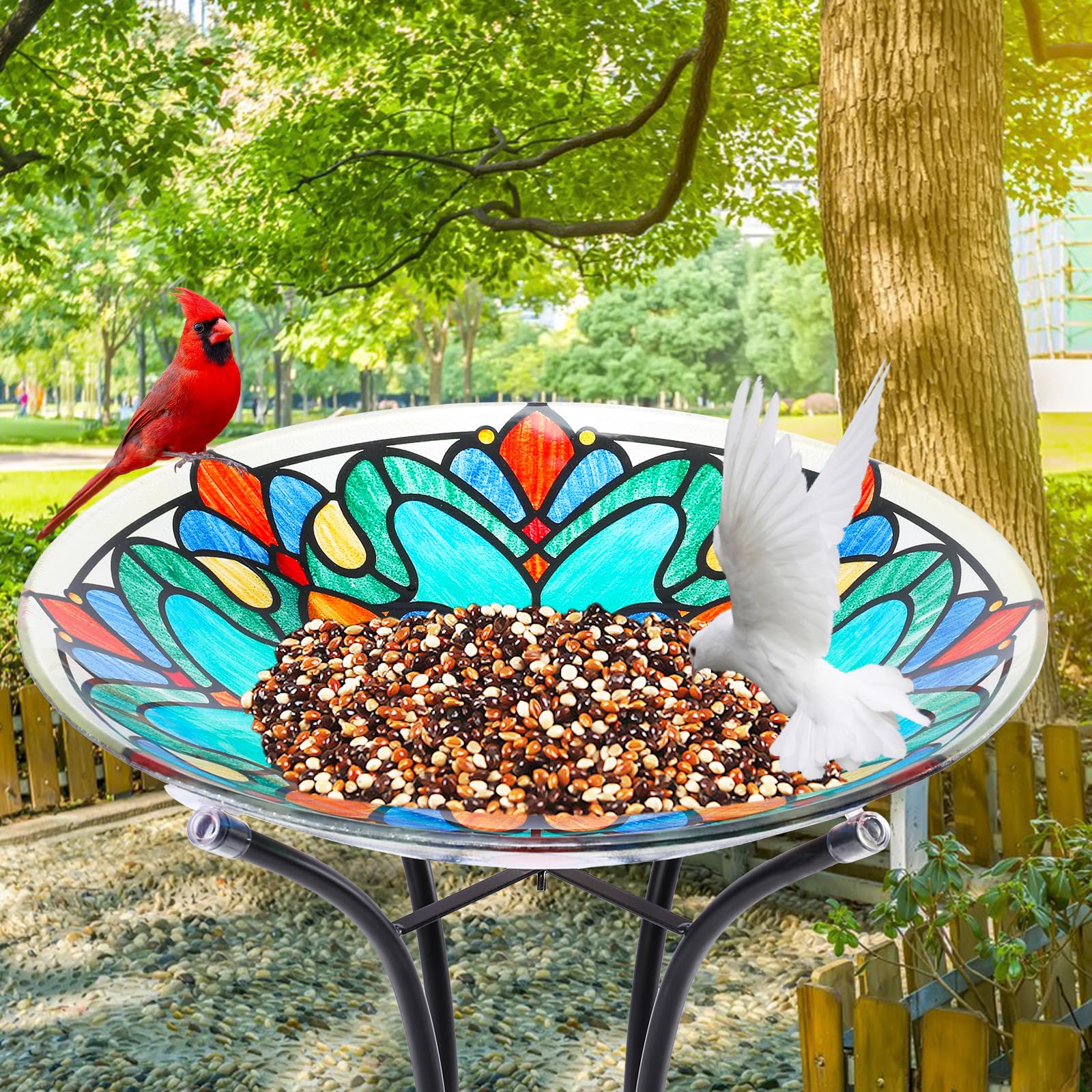 MUMTOP Vogeltränke, Vogeltränke für den Außenbereich – große Vogeltränke aus Glas mit Metallständer, symmetrische Muster, Vogelfutterspender für draußen und Garten, Terrasse, Rasendekoration