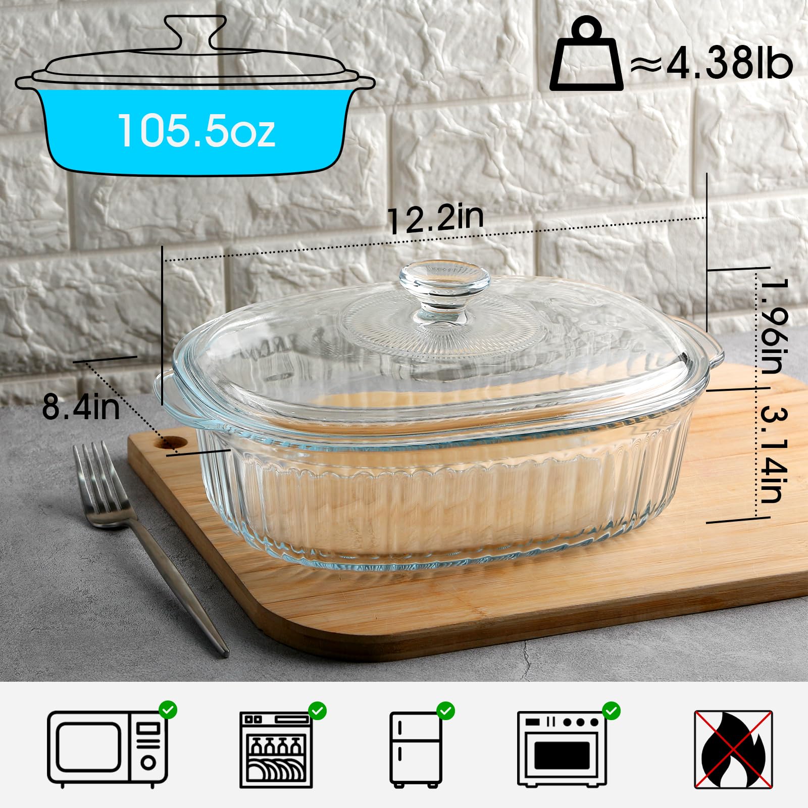 NUTRIUPS Cacerola ovalada de vidrio de 3L con tapa, vidrio de borosilicato, cacerola ovalada grande para horno, platos a prueba de horno con tapas (31 x 21,5 x 13 cm)