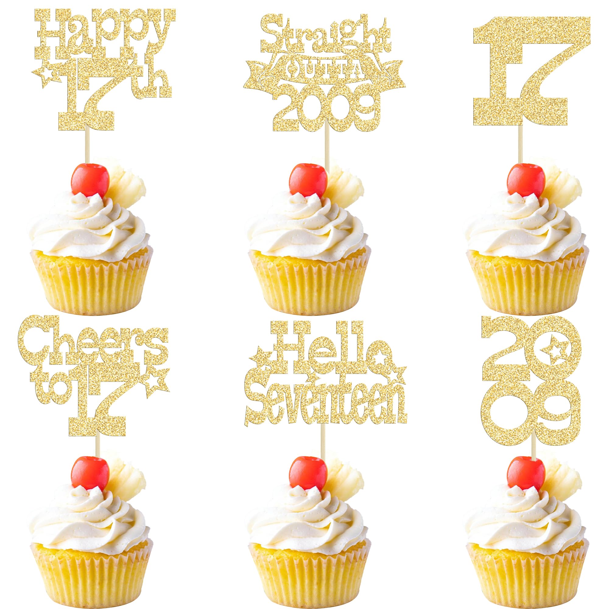 Ephlyn 30Pcs Happy 17th Birthday Cupcake Toppers Glitter Seventeen Straight Outta 2009 Cupcake Picks Cheers to 17 Years Cake Decorations for 17th Birthday Anniversary Party Supplies Gold