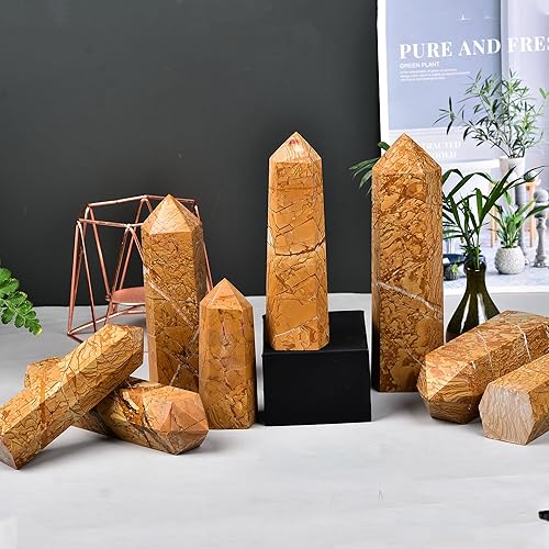 Miniatura 5 de JIC Gem Torre de cristal curativo grande de grano de madera, piedra de cuarzo con punta de torre de obelisco, decoración de meditación hexagonal