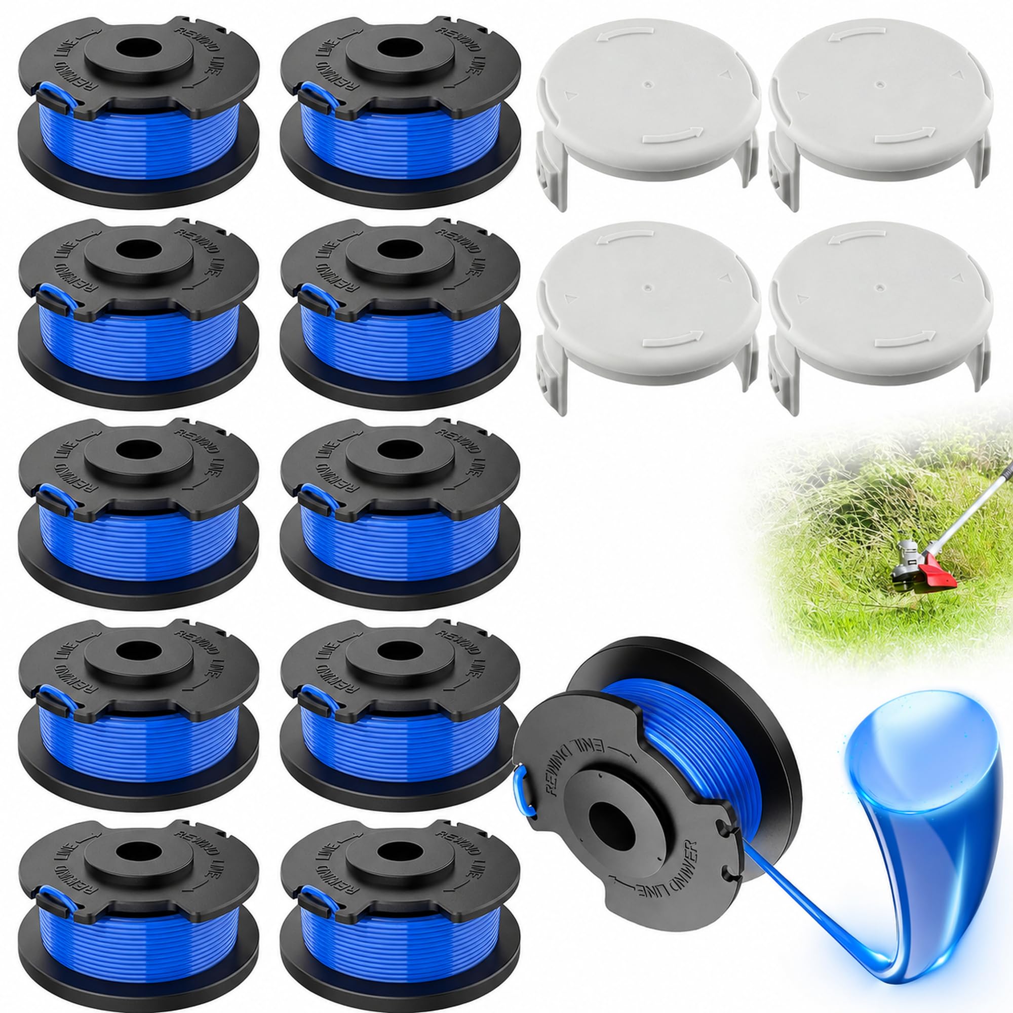 12 x szpula do podkaszarki + 4 x nasadka do Ryobi One+ 18 V, 24 V, 40 V, zapasowa szpula żyłki AC14RL3A, kompatybilna z podkaszarką do trawy Ryobi, nylon Ø 1,65 mm, długość 3,35 m