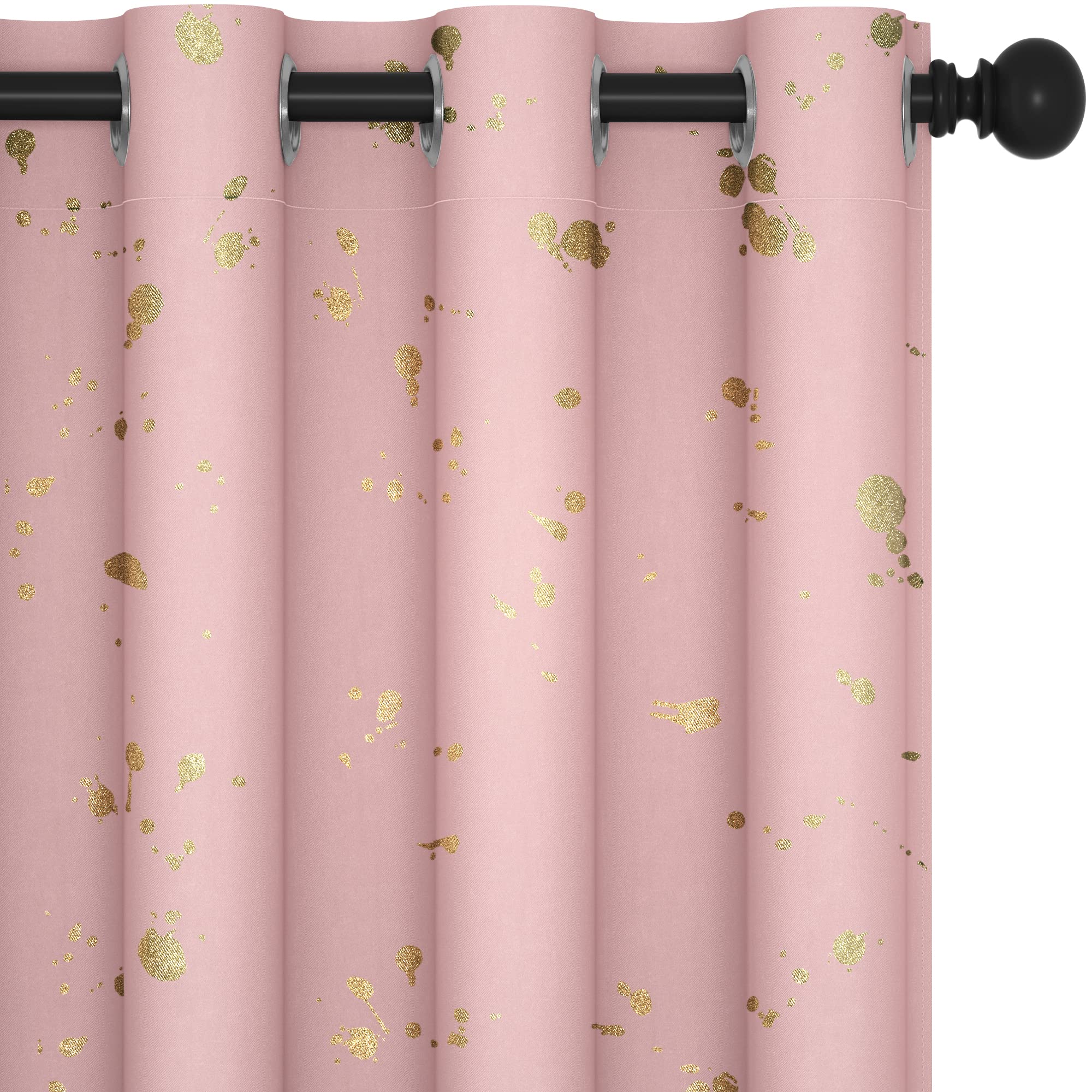 Deconovo Black Out Curtains 54 Inch Long 2 Panels with Gold Foil Printed Dots Pattern, Energy Saving and Sound Proof Curtains for Kids Bedroom Patio, 52W X 54L Inch with Grommets Coral Pink