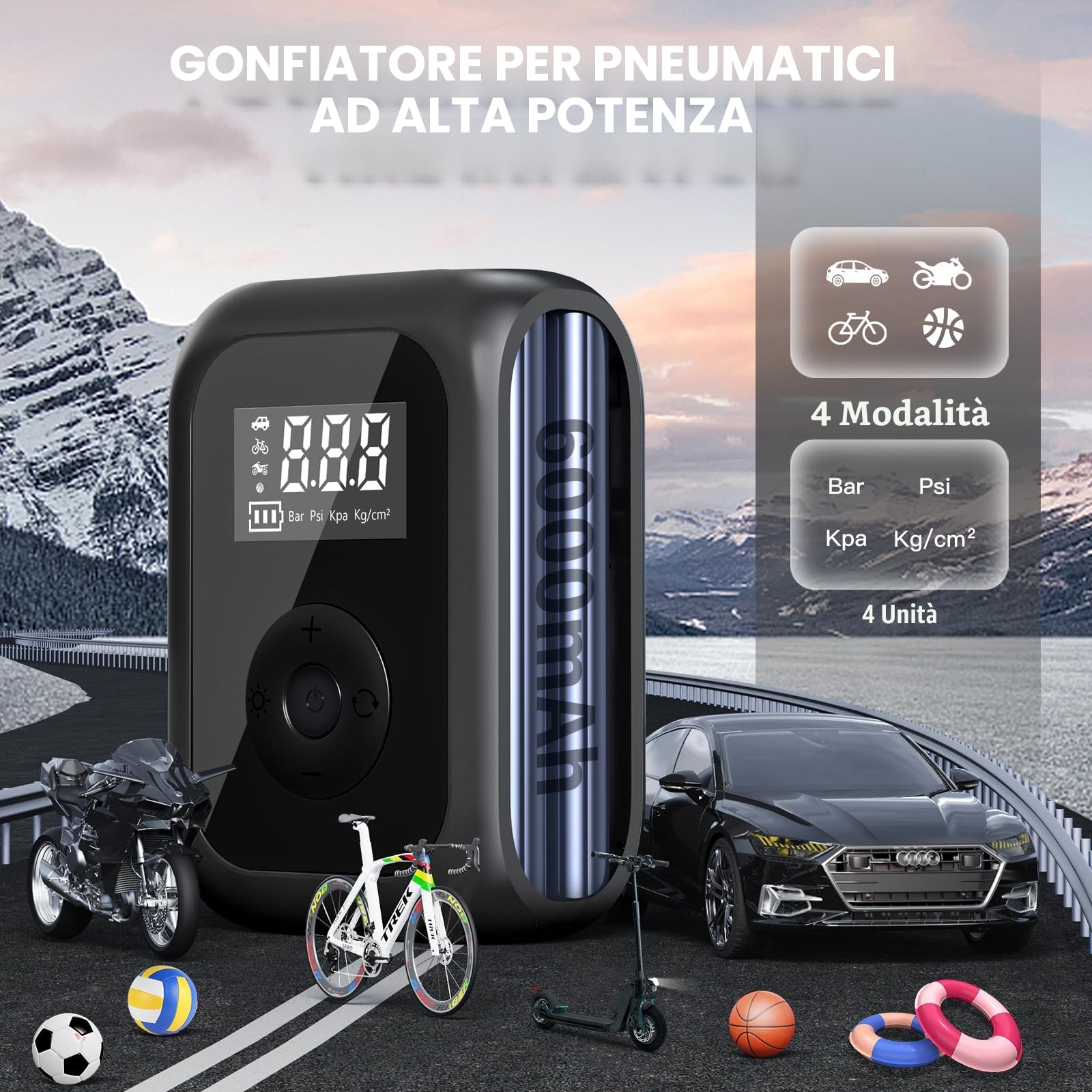 Onherm Compressore Aria Portatile, 6000mAh Pompa Bicicletta Elettrica 10,3 Bar/150PSI, Mini Compressore Portatile con Luce LED per Auto, Bici, Moto, Scooter, Pallone (Nero)