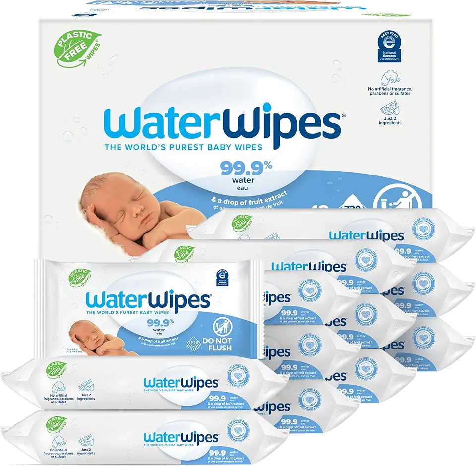 WaterWipes Plastic-Free Original Baby Wipes, 99.9% Water Based Wipes, Unscented &amp; Hypoallergenic for Sensitive Skin, 60 Count (Pack of 12), Packaging May Vary