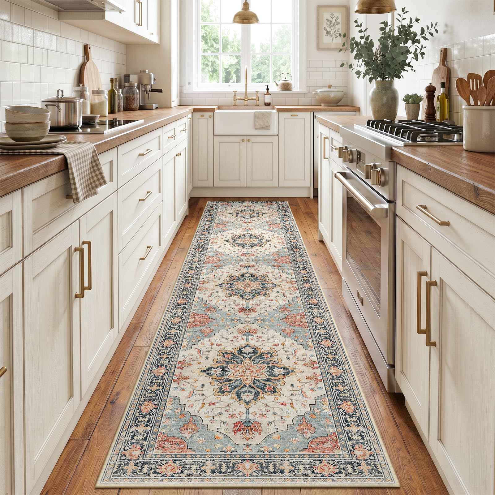 INOVADAY Machine Washable Rugs 60x300 cm Vintage Area Rug Low Pile Anti-Slip Carpet with Print Pattern for Living Room Bedroom Home Office Indoor Beige/Blue/Orange โ image 1