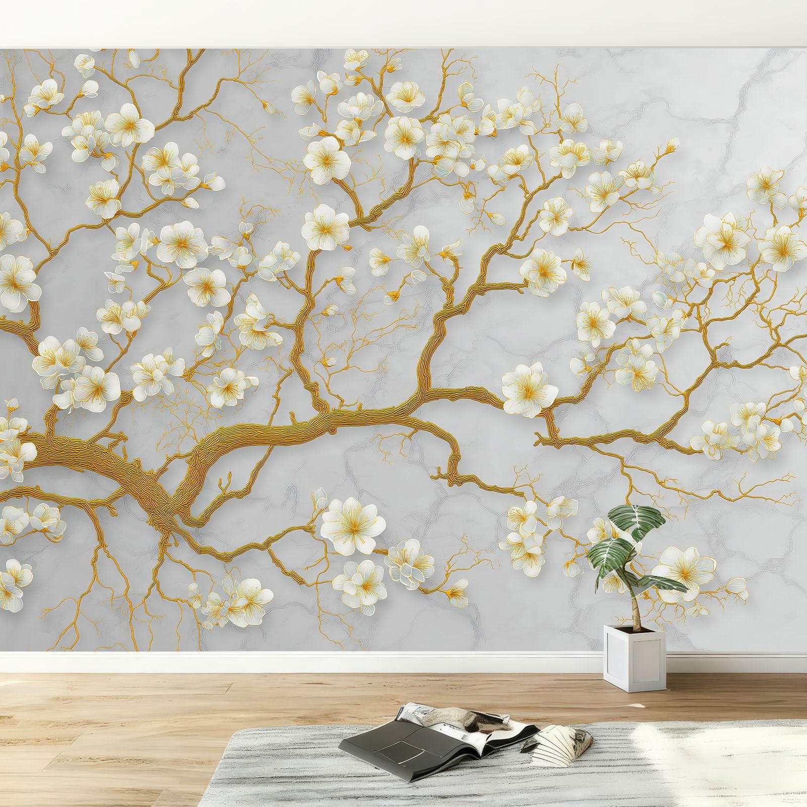 Generico Fototapety ścienne zmywalne 300 x 210 cm - Eleganckie marmurowe gałęzie, oddychająca i trwała tapeta z włókniny, łatwa do nałożenia na ścianę, biała (bez kleju)