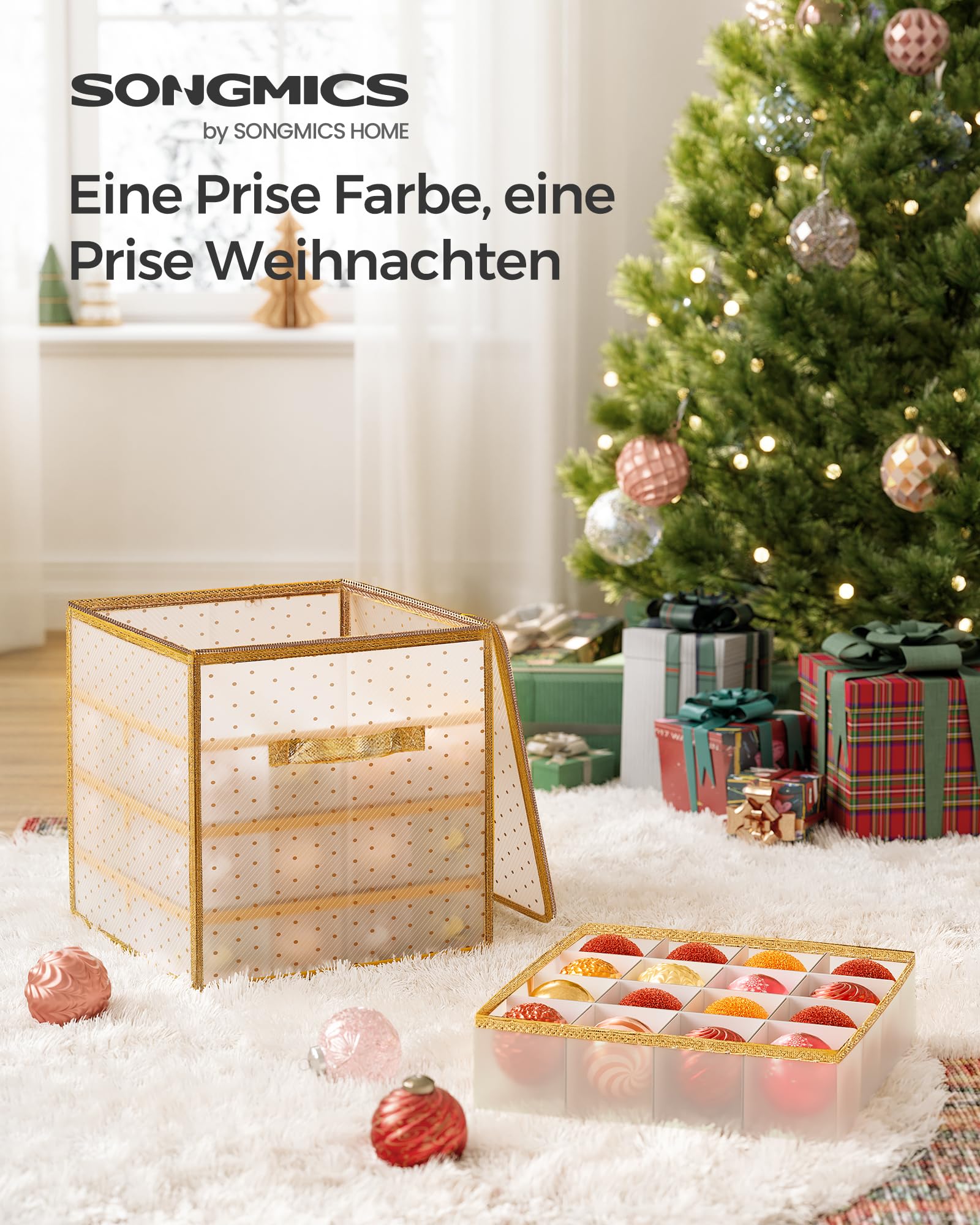 SONGMICS Aufbewahrungsbox für Weihnachtskugeln, Weihnachtskugeln Aufbewahrung, 64 Fächer je 7,6 cm, herausnehmbare Tabletts, 33,5 x 33,5 x 34 cm, sandiges Gold RFB029A03