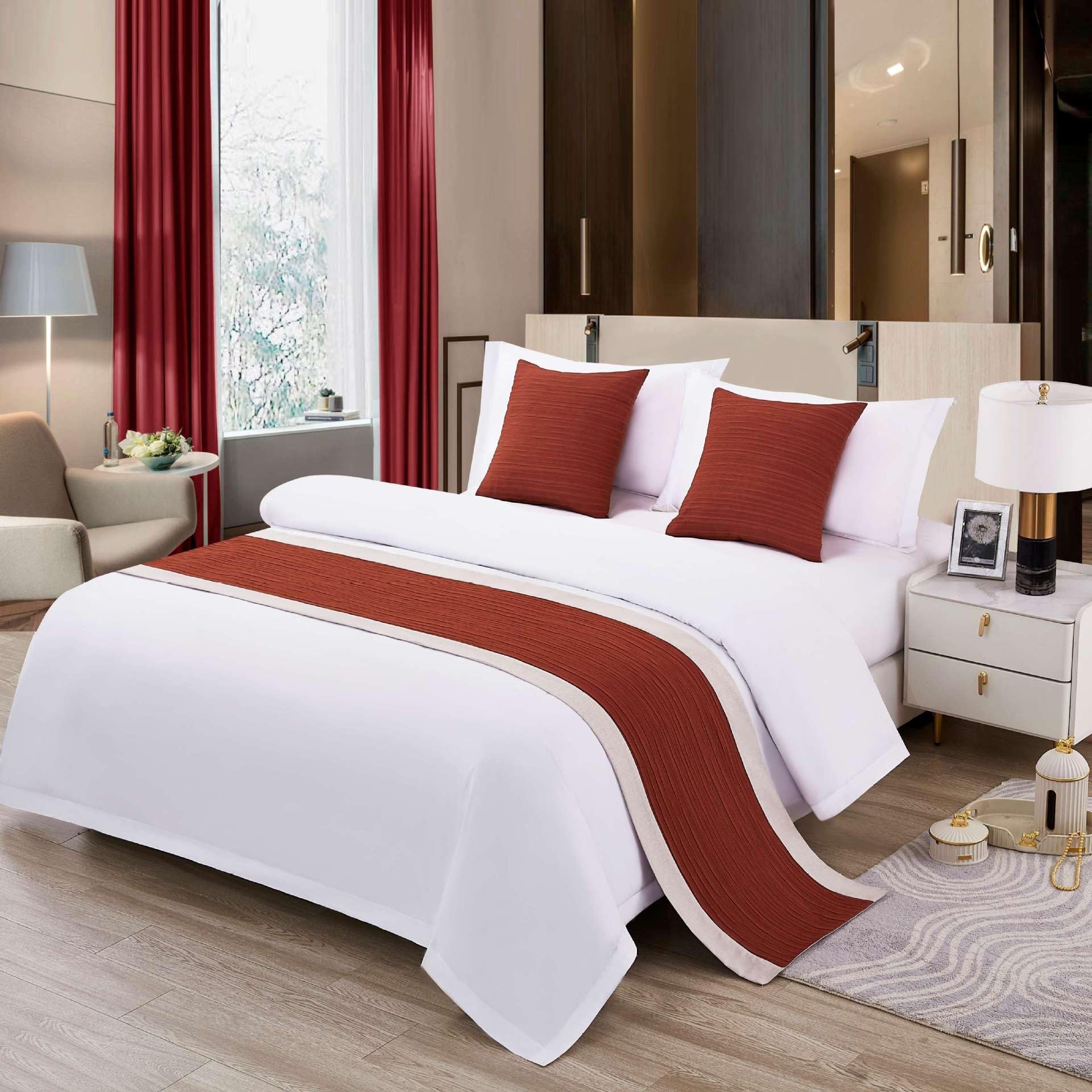 VNVFJKLO bed runner, Bed Scarf Runners Solid Scarves Cotton Linen Splicing Bedspread Bedding Towl Decor Protection For Hotel Guesthouse Resorts Bedroom(Red,50 * 260cm for 200cm Bed)