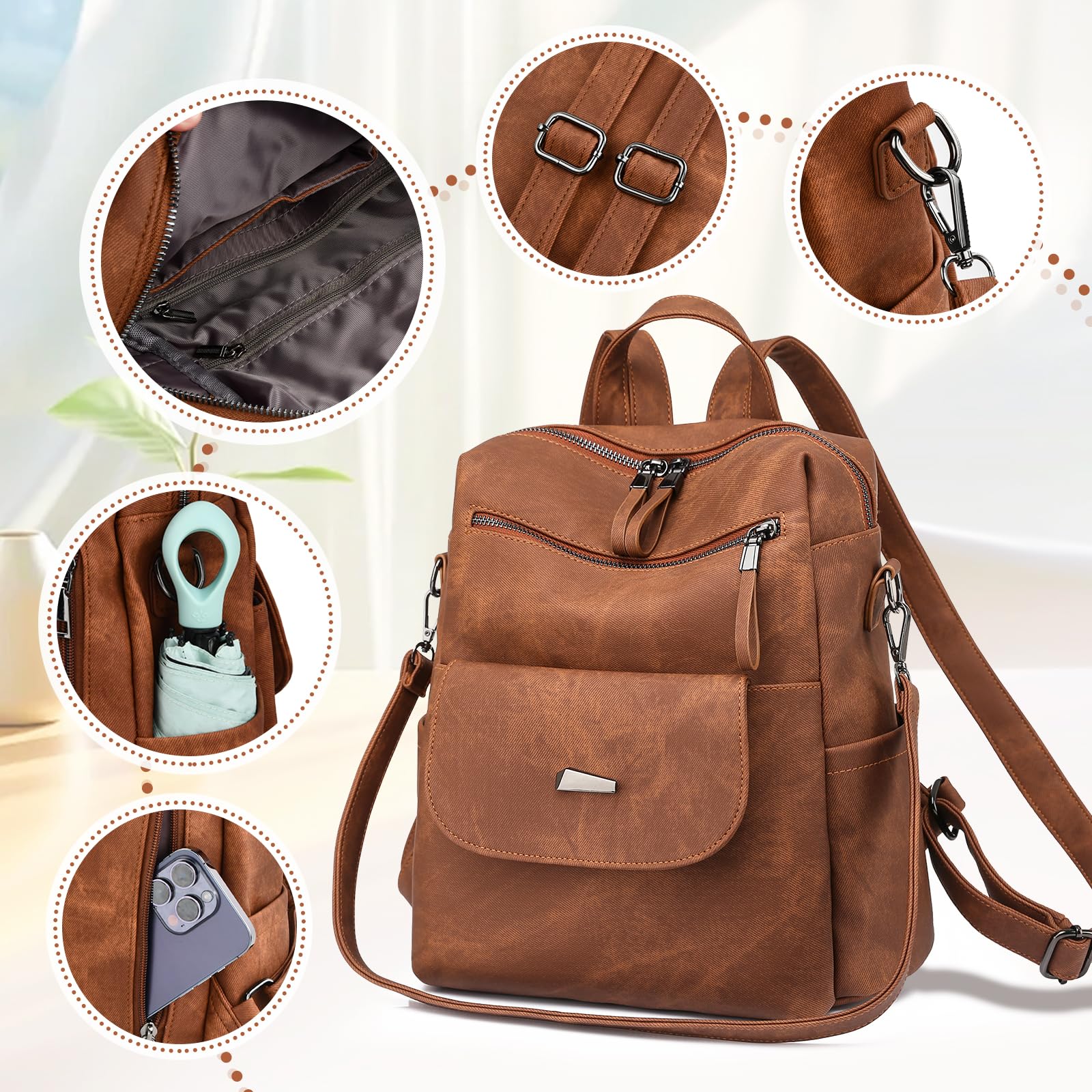 Sac a dos PU cuir femme, Sac à dos antivol femme elegant leger Deux en un décontractées, Multifonctions sac à dos femme chic pour Voyage et Travail