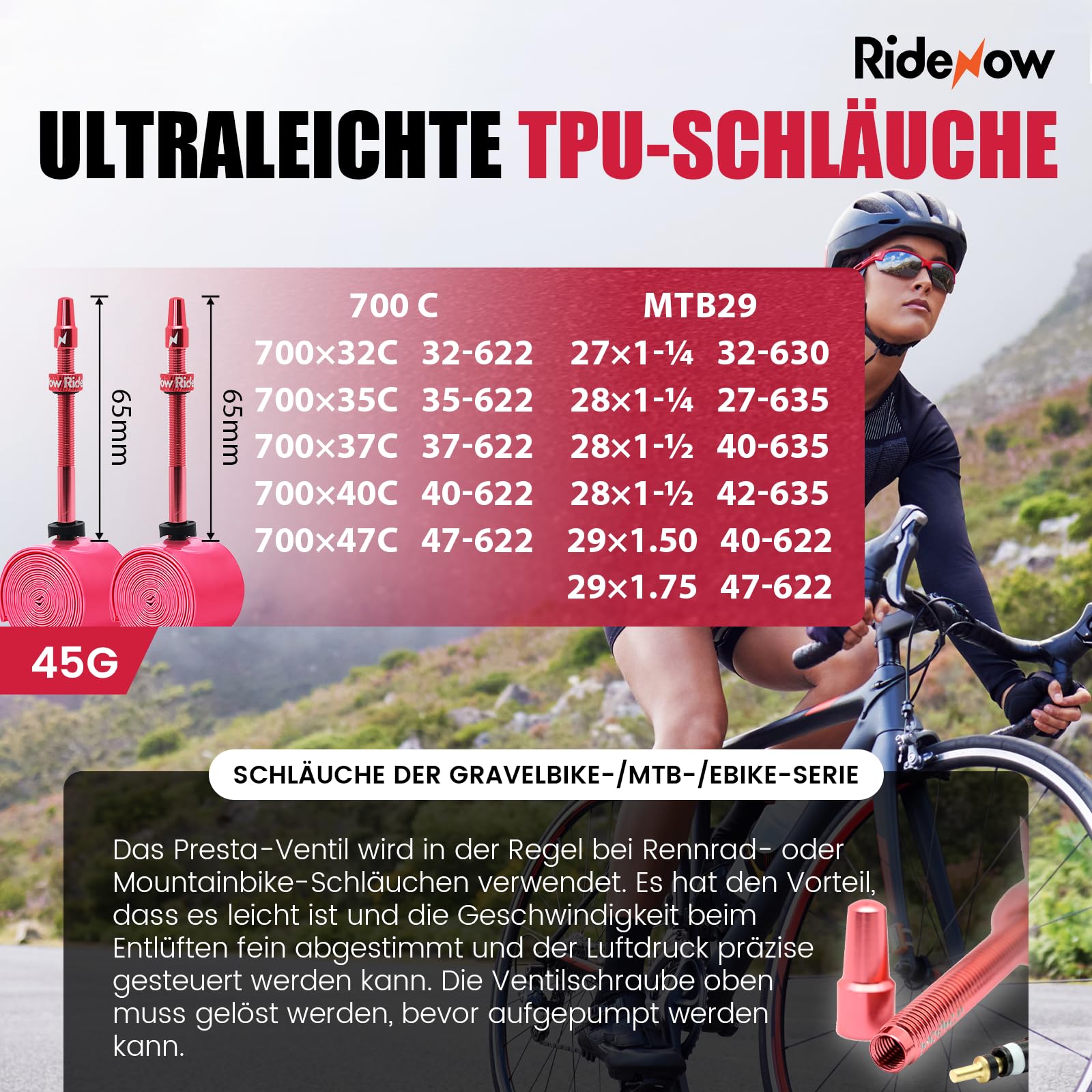 RideNow Tubo flessibile in TPU per bici da corsa/Gravel Bikes 700 x 32 – 47 C, 27 pollici, 28 pollici, tubo flessibile per bicicletta ultraleggero con valvola Presta 45/65 mm