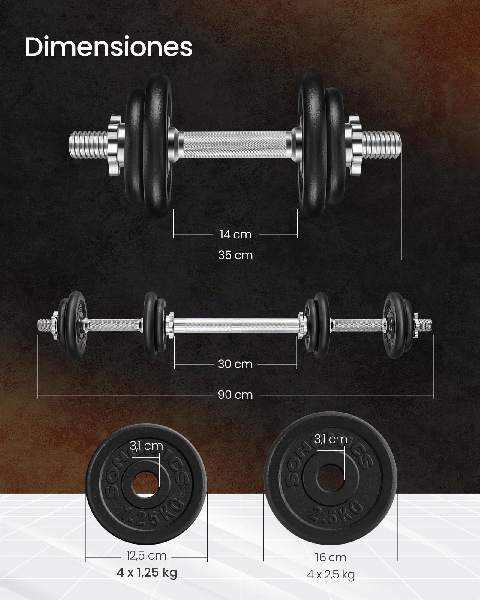 SONGMICS Juego de Mancuernas Ajustables de Hierro Fundido, con Barra Adicional,para Hombres y Mujeres, Entrenamiento de Fitness, Levantamiento de Pesas en el Gimnasio de casa