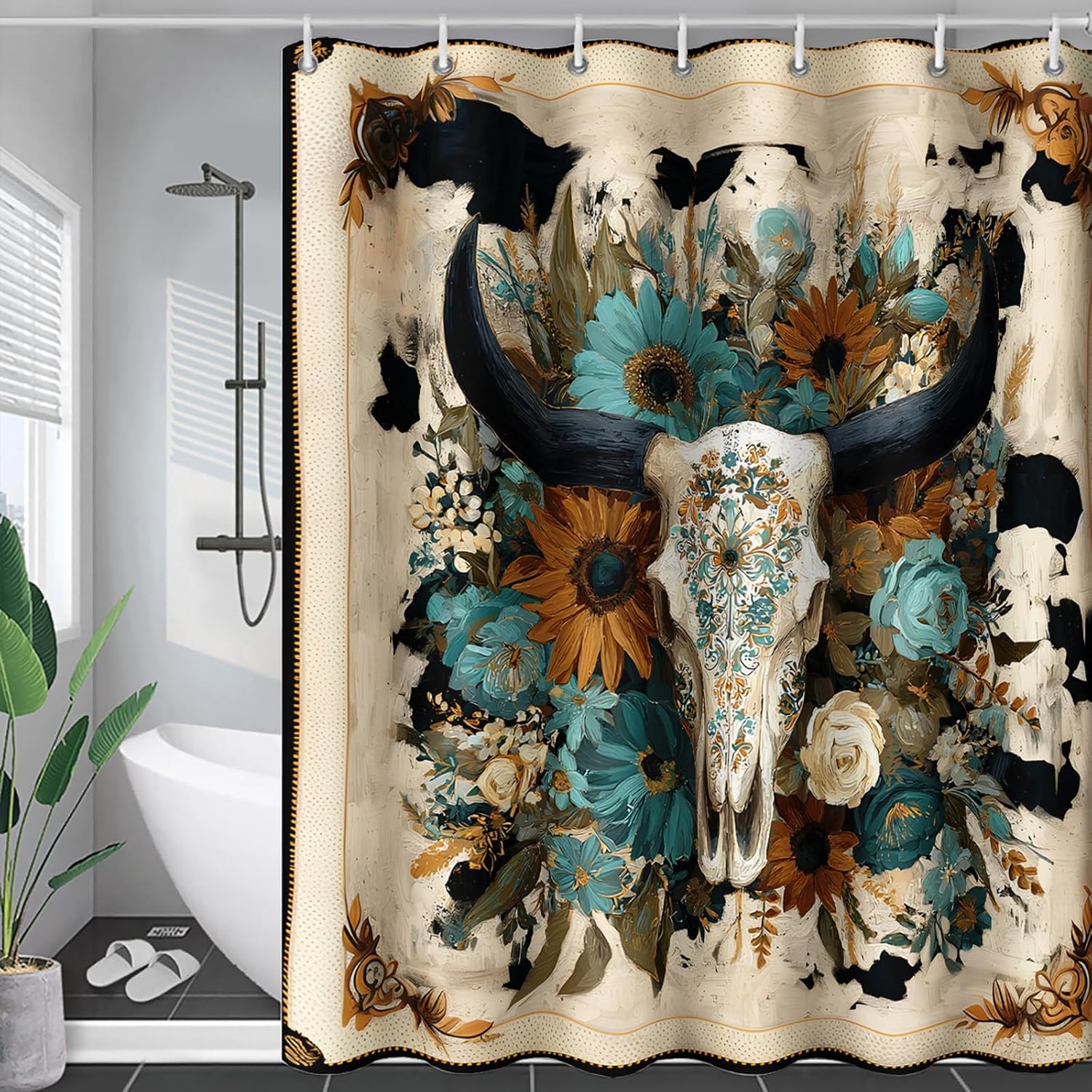 AILONEN Floral Bull Skull Shower Curtain 60" W x 72" H for Bathroom,Retro Blue Black Flower Ethnic Bath Curtain with Hooks