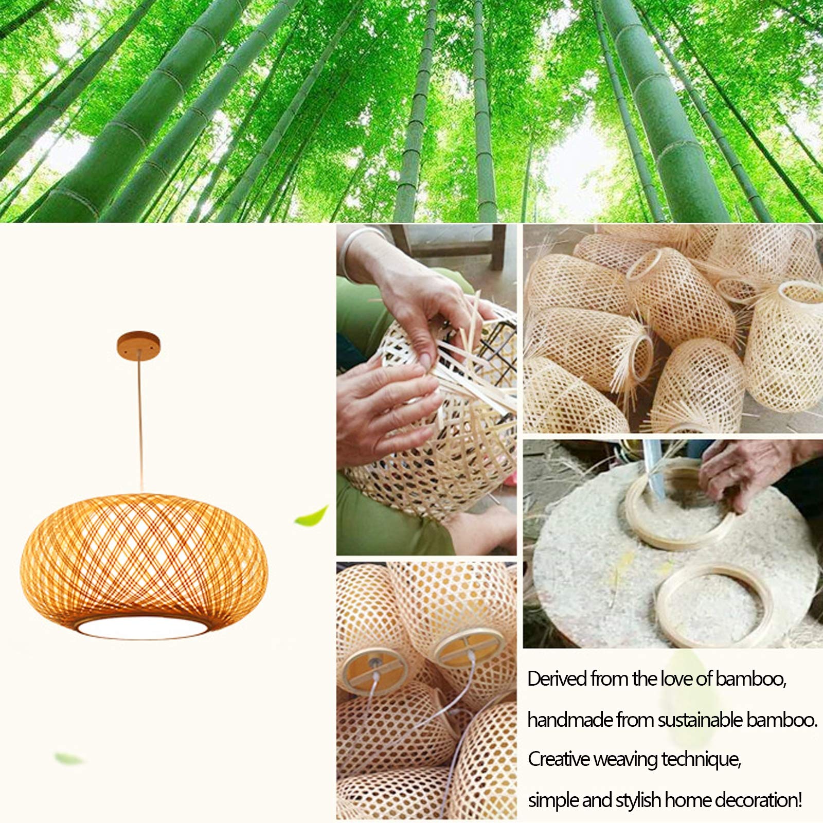E27 lampa wisząca w stylu retro, naturalny bambus, ręcznie tkana, lampa wisząca, styl vintage, drewno, lampa sufitowa, regulacja wysokości, do jadalni, salonu, sypialni, kuchni, kawiarni, 50 cm