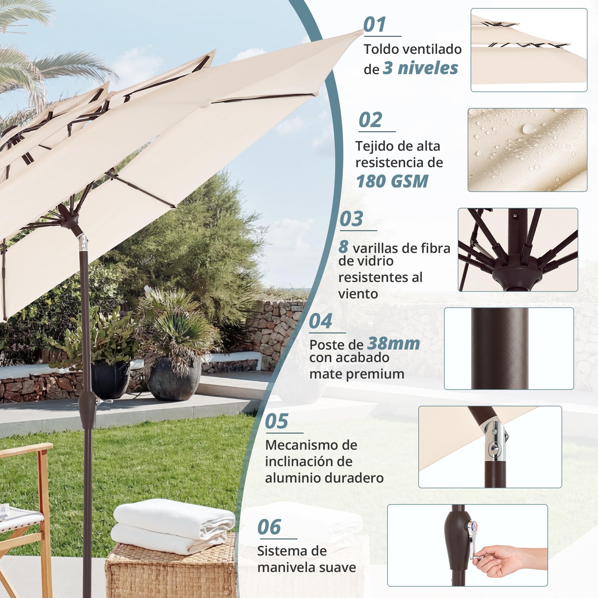 LUE BONA Sombrilla de Terraza, Sombrilla de Jardín de 300 cm, Toldo Ventilado de Tres Capas, Ángulo Ajustable, 8 Varillas y Manivela, Diseño Resistente al Viento