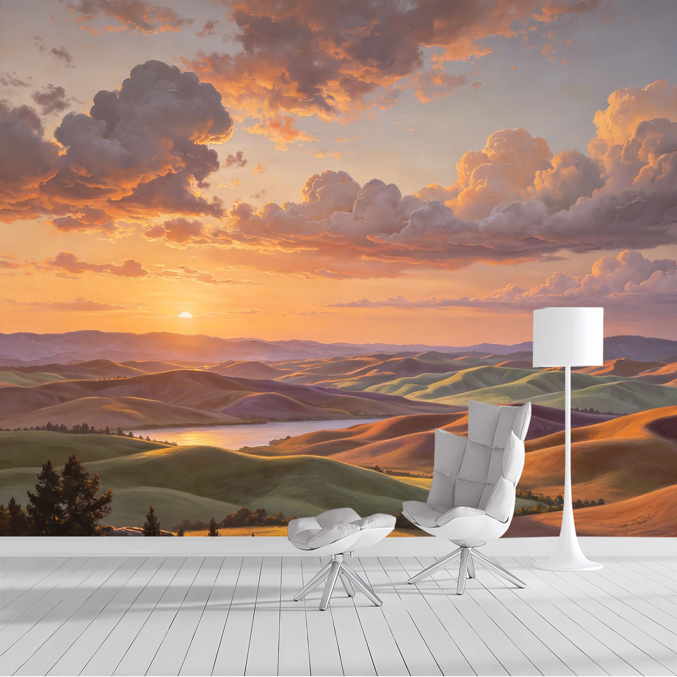 Custom Size Wall Mural Golden Sunset Rolling Hills Landscape Oil Painting Seascape Sky SelfAdhesive Wall Fabric Removable Peel and Stick Wallpaper Wall Decor for Living Room Bedroom Bathroom