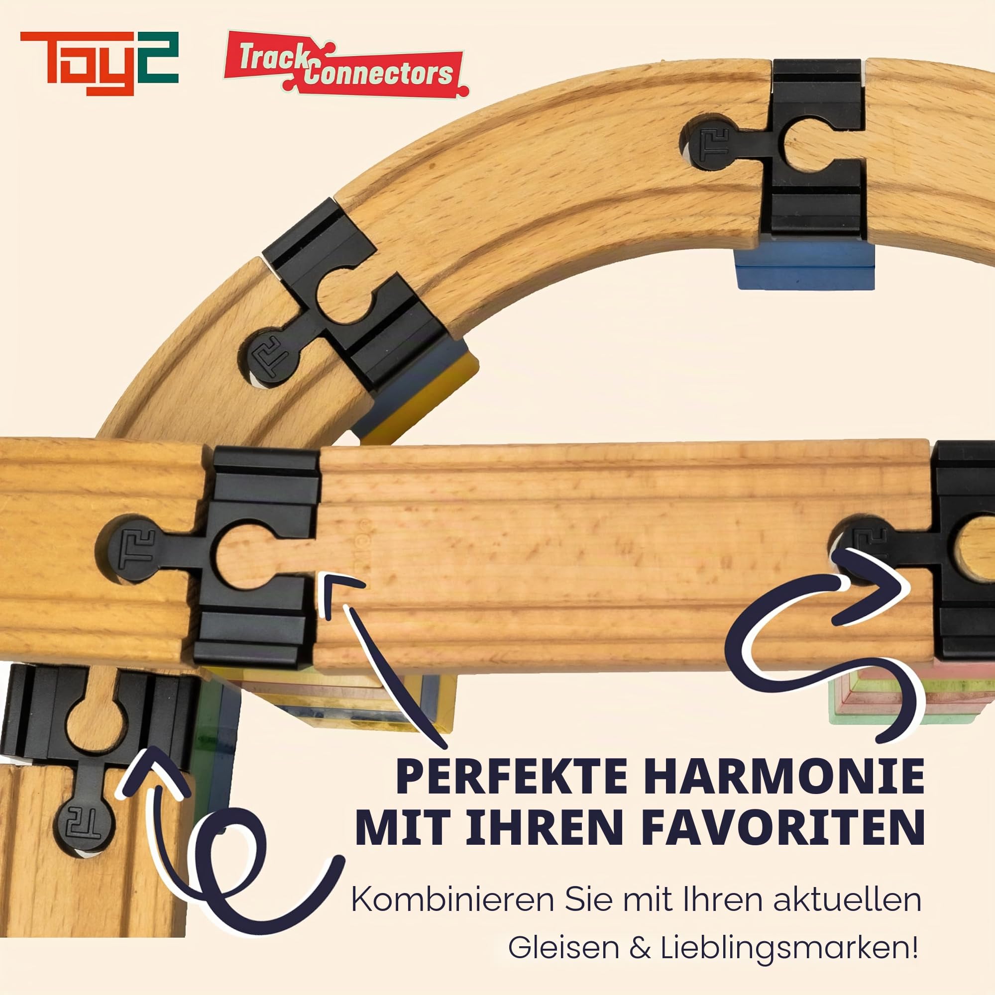 TOY2 Allround Large mit 33 Schienenverbindern Kompatibel mit BRIO Eisenbahn & Duplo Bausteine - Bauset 6 Verschiedene Track Connectors - Nachhaltige Holzeisenbahn und Holzschienen Set Verbinder