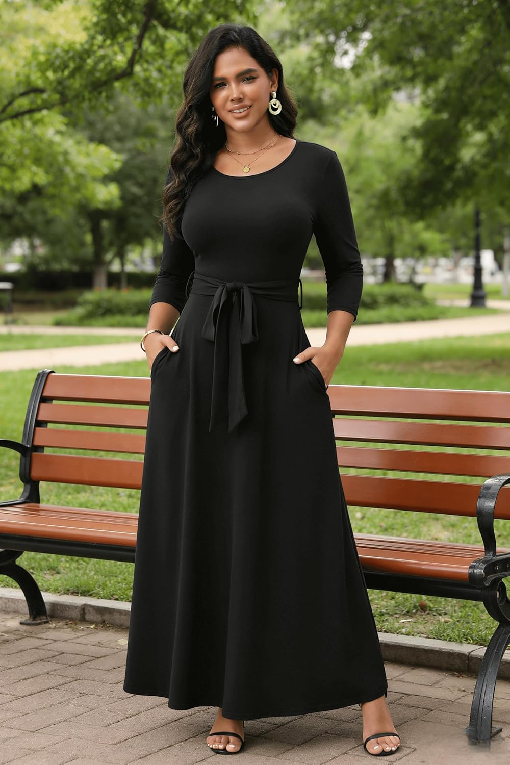 FANDEE Maxi Dress for Women 2026, Long Casual Empire Waist Dresses 3/4 Sleeve Round Neck with Belt - Image 4