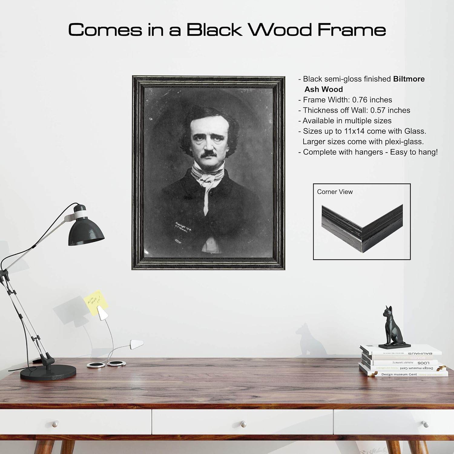 Edgar Allan Poe Photograph in a Black Wood Frame - Historical Artwork from 1904 - (8" x 10") - Matte