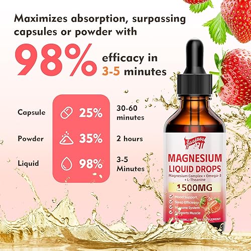 Miniatura 5 de Gotas líquidas de glicinato de magnesio, 1500 mg de suplemento líquido de magnesio con vitamina B6, D3, L - teanina, omega3, noche de apoyo,