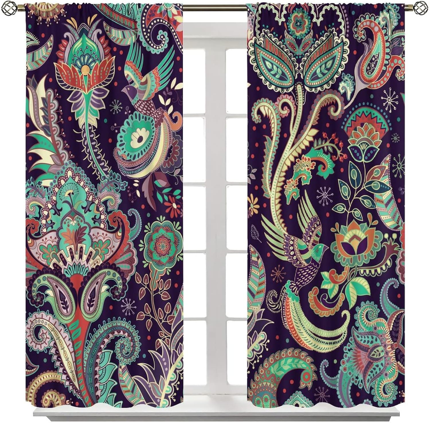 Boho Curtains, Traditional Geometric Ethnic Style Beautiful Floral Pattern, Blackout Curtains Living Room Bedroom Dim Room, 2 Panel Set, 84x84 in.