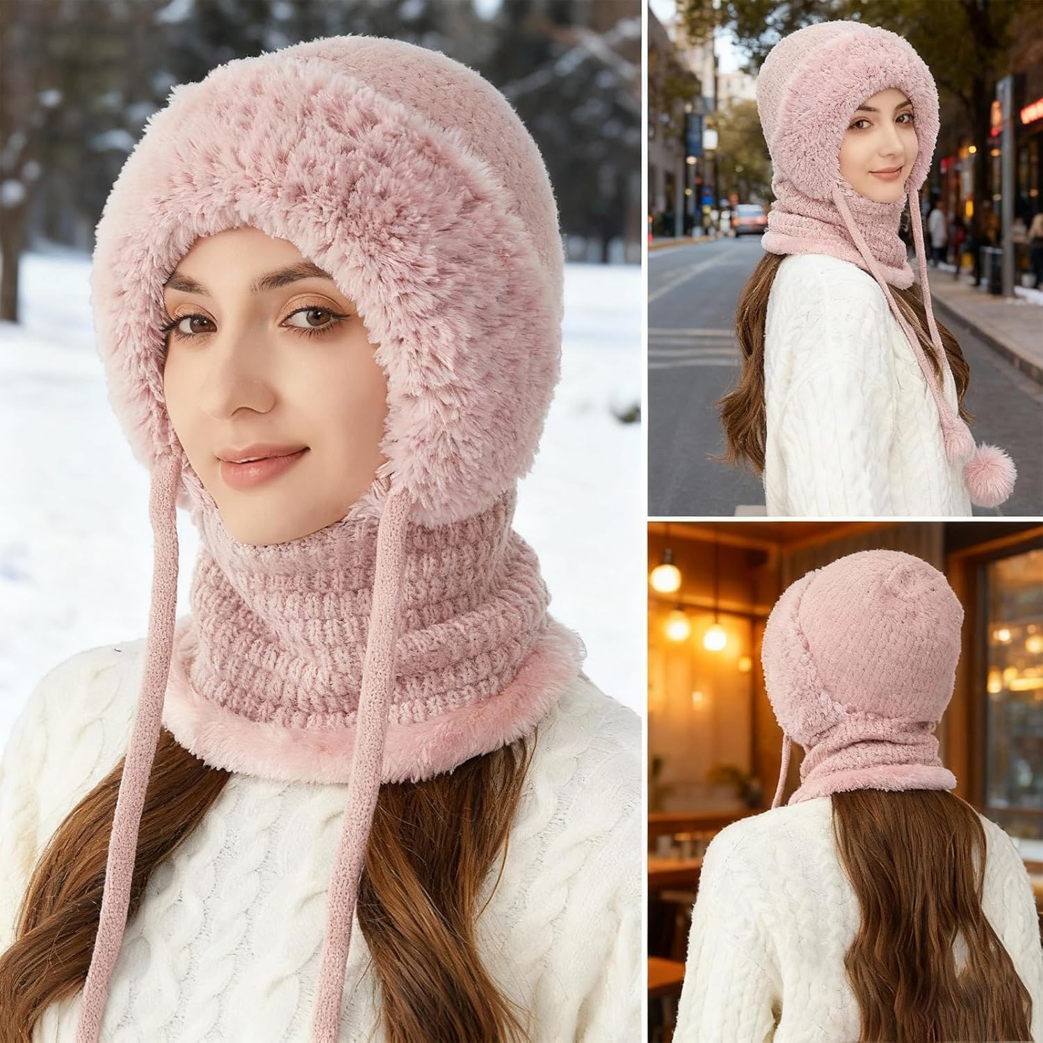 3 in 1 Beanie Hat with Scarf and Mask 3 in 1 Winter Hat for Women Balaclava Ski Mask (Pink) - Image 3