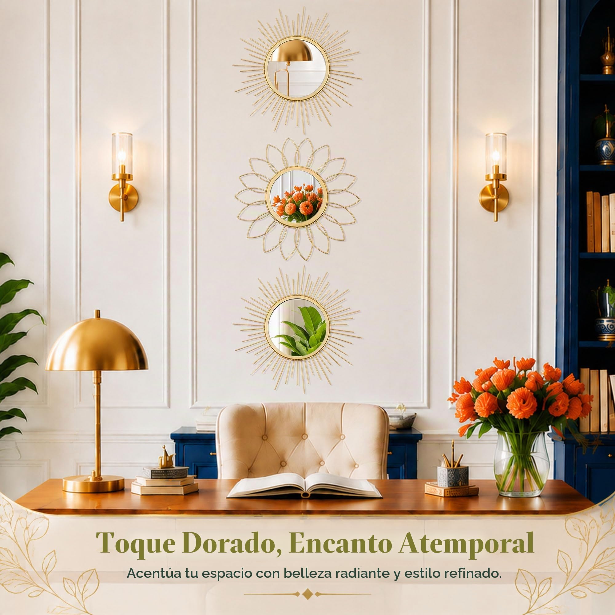 Uaussi - Juego de 3 Espejos Dorados para Pared de Metal Efecto Sol, decoración de Pared Colgante para Sala de Estar, Dormitorio, Entrada