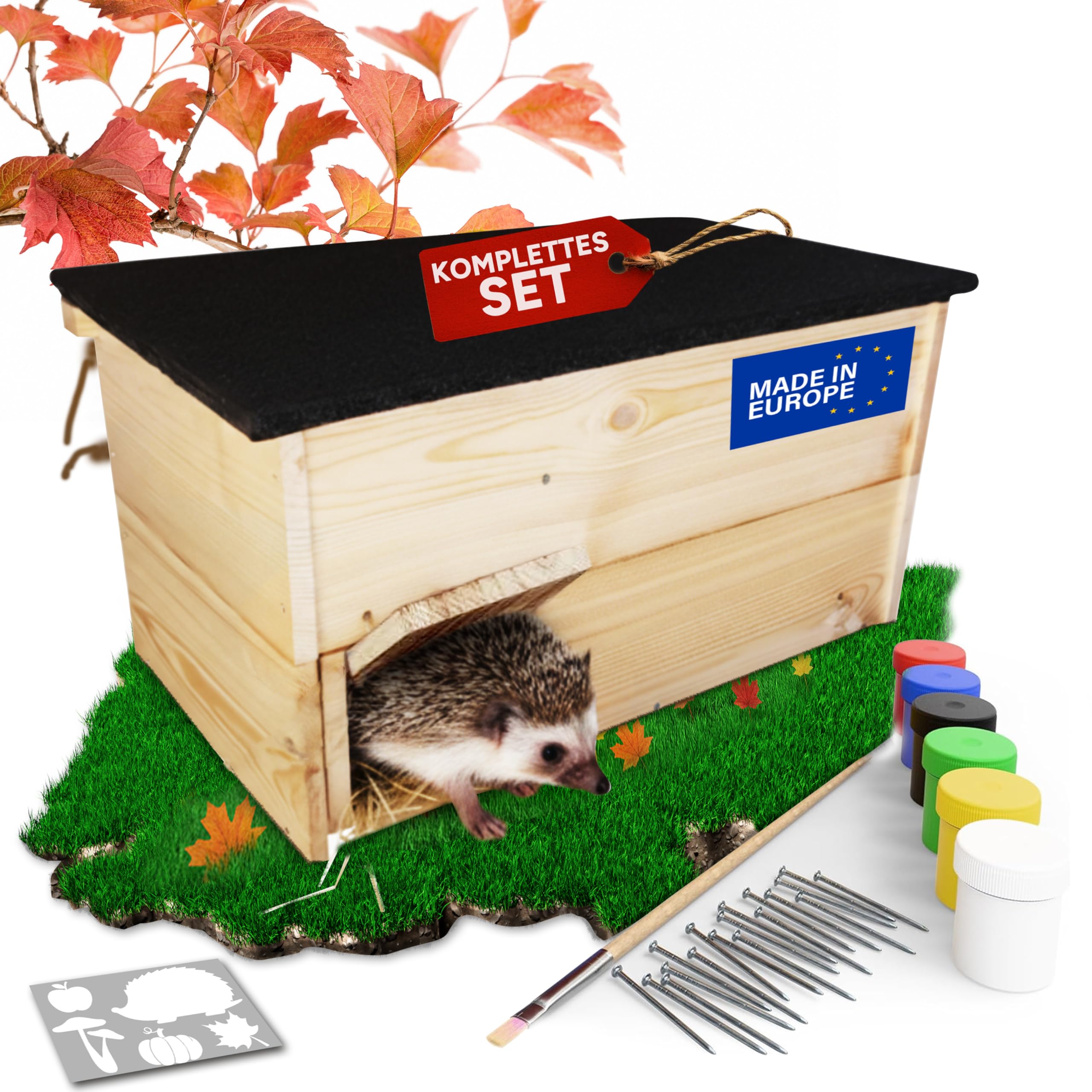 Eli® Igelhaus Bausatz für Kinder mit Rattenklappe und Labyrintheingang | bodenloser Set aus Kiefernholz zum Bemalen – inkl 6 Farben - Pinsel - Schrauben - Schablonen & Vorlagen - Jungen - Mädchen