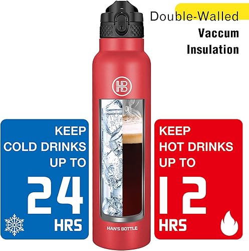 Miniatura 6 de Han's Bottle Botella de agua deportiva de 32 onzas, tapa con pajilla, a prueba de fugas, acero inoxidable aislado al vacío, doble pared, taza