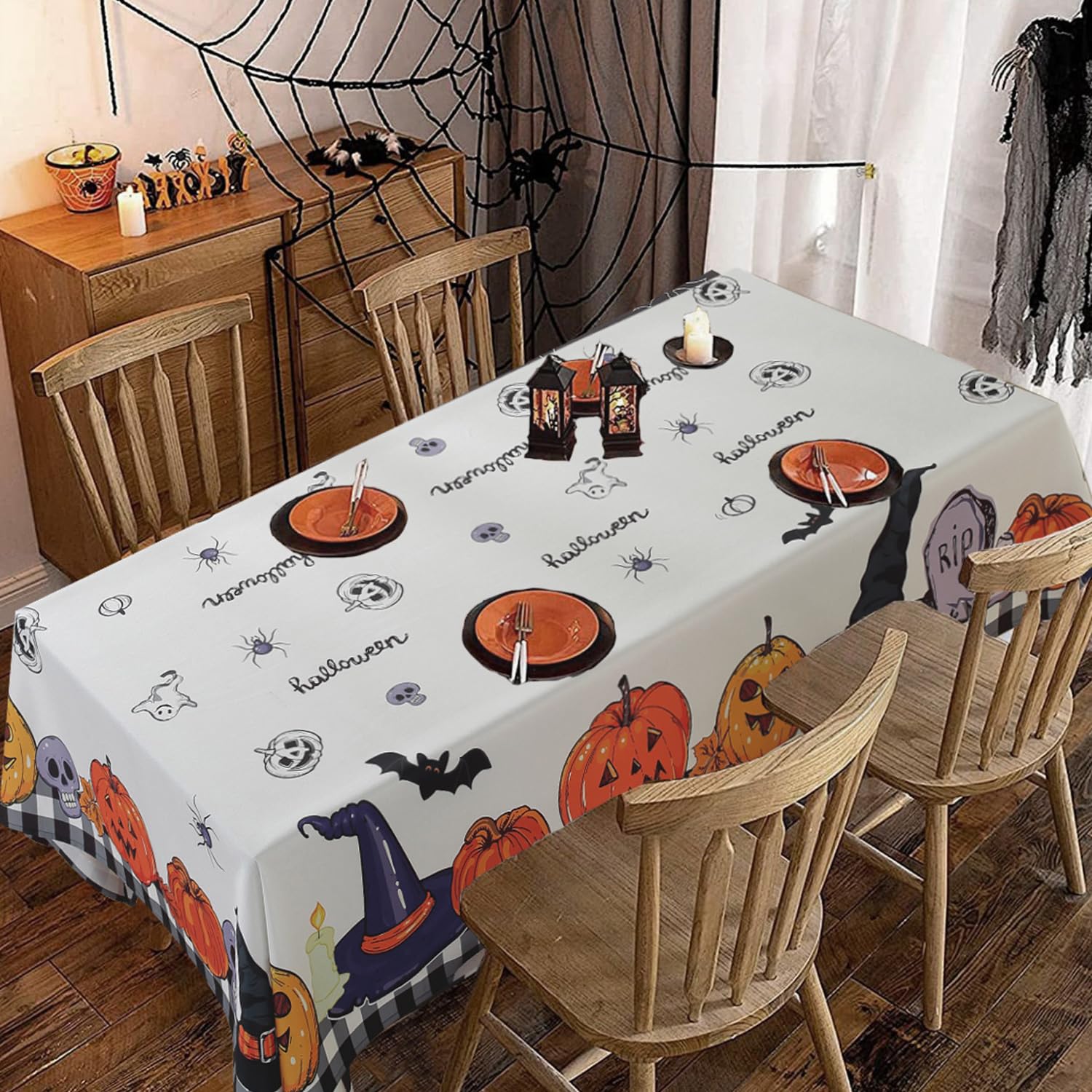 (similar)Halloween Tablecloth Pumpkin Ghost Spider Print Scary Themed Table Cloth Waterproof Oxford Cloth Wrinkle Free Washable Reusable Table Cover for Party Decor Kitchen Square Table 60X60 Inches, White