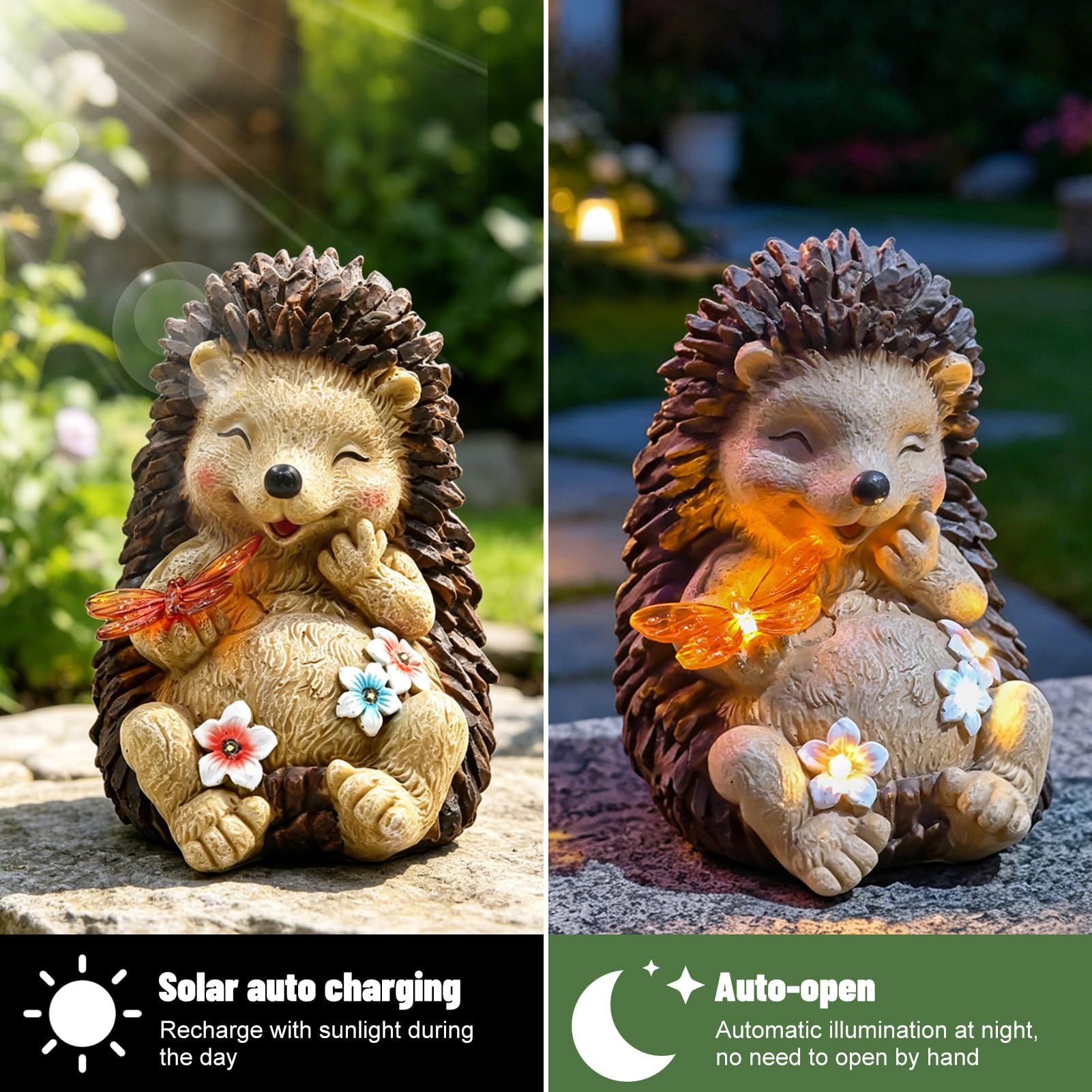 Nexoria Solar Igel Gartenfiguren mit Blumen Gartendeko für Draußen Wetterfest Igel Deko mit Led Lichter Solar Igelfigur mit Schmetterling Gartenleuchte Solarlampe für Garten Balkon (A)