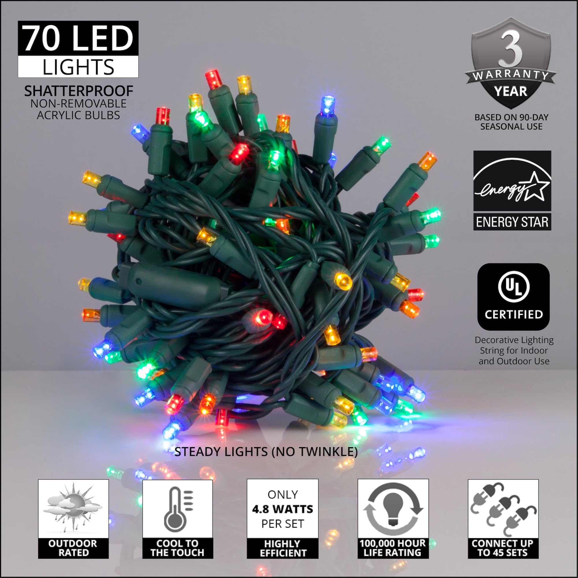 5mm LED Wide Angle Multicolor Prelamped Light Set, Green Wire - 70 5mm Multi Color LED Christmas Lights, 4