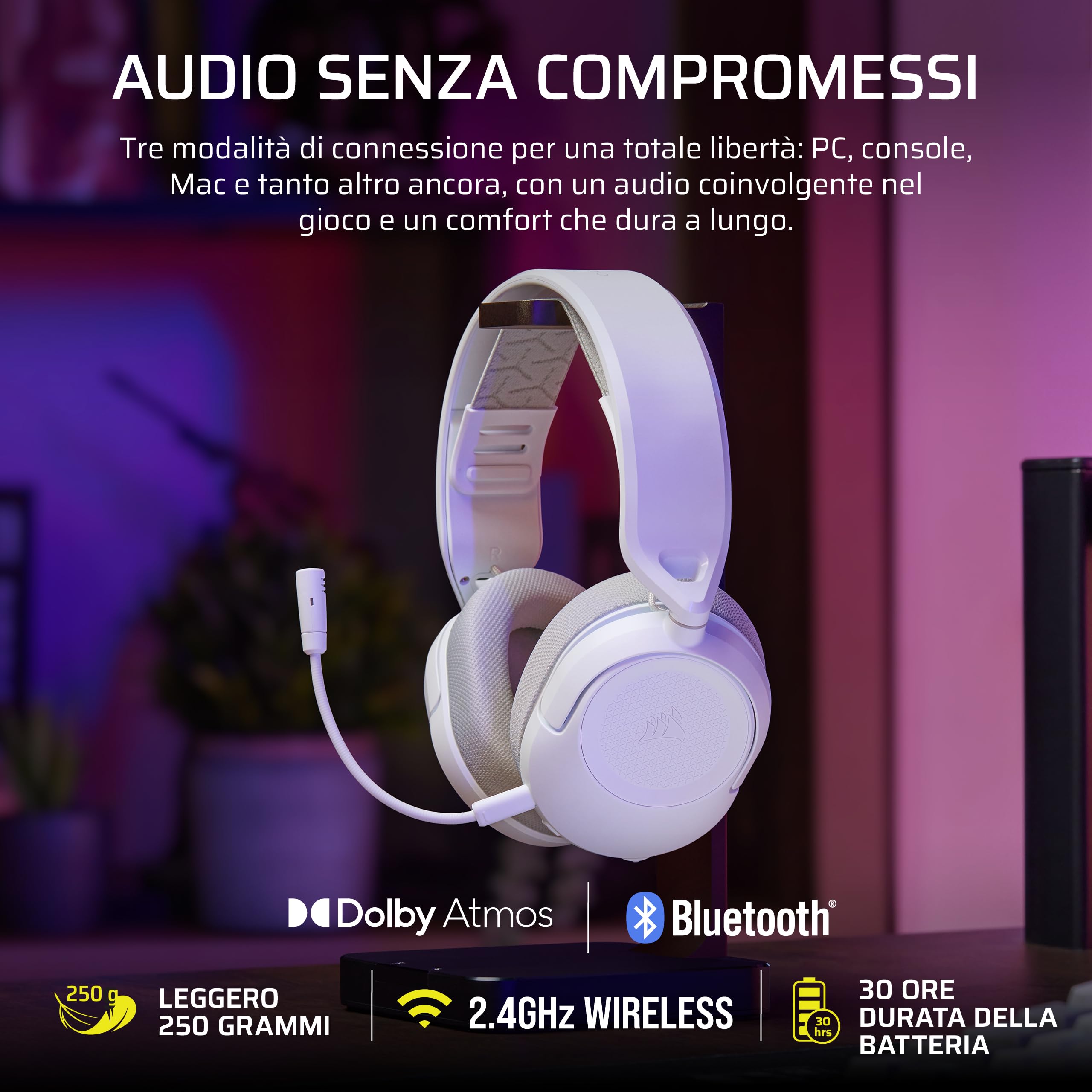 Corsair HS35 v3 Cuffie Gaming Wireless con Microfono – Bianco | 2,4 GHz e Bluetooth (PC/PS5/PS4/Switch/Mac/Mobile), Comfort Leggero, Dolby Atmos