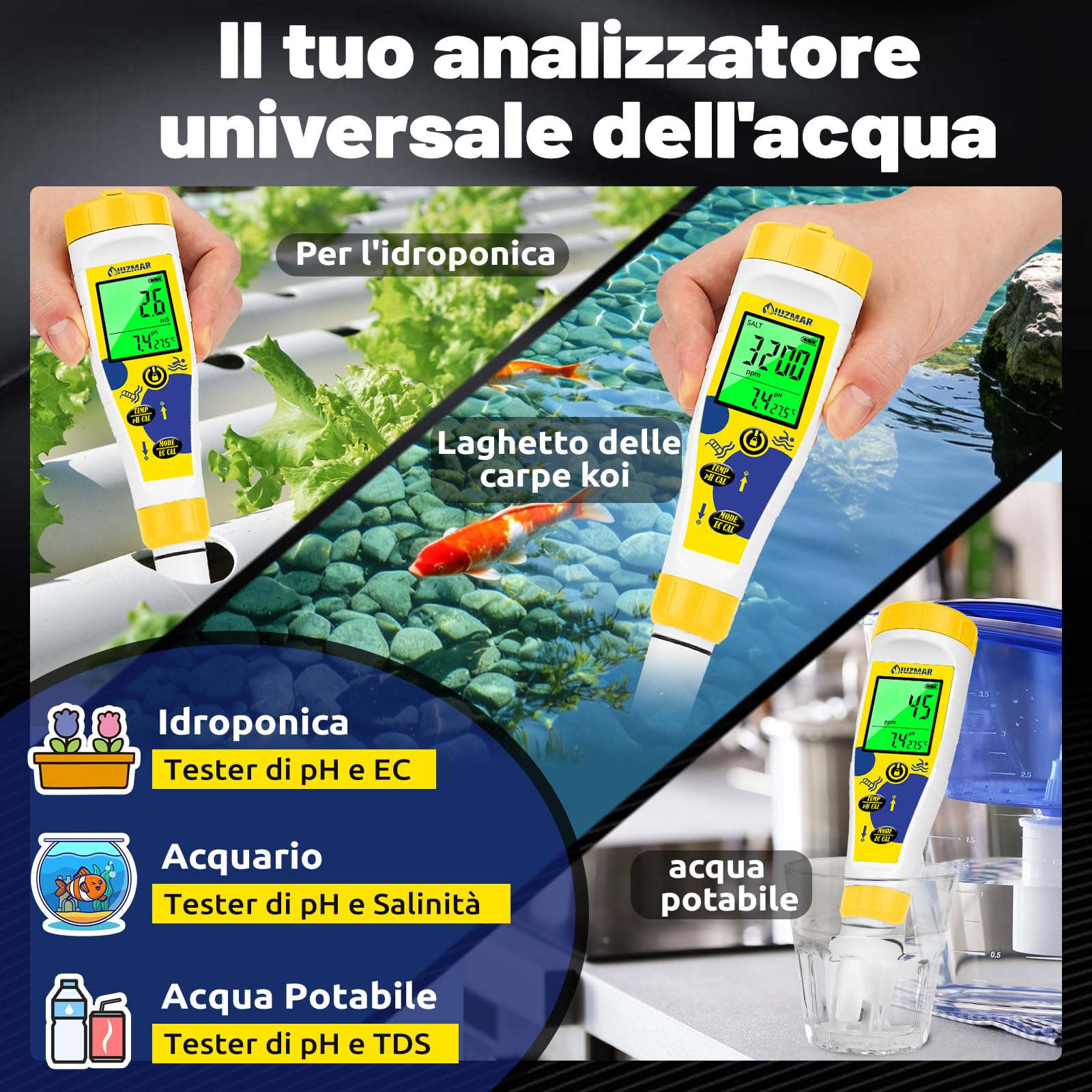 UIUZMAR Misuratore pH e Cloro Sale Piscina, Salinità Piscina Acqua Salata | Visualizzazione Simultanea di pH/Cl/Temp, 7 in 1 pH, EC, TDS, Salinità, Cloro Residuo, ORP e Temp per Acquari Idroponici Spa