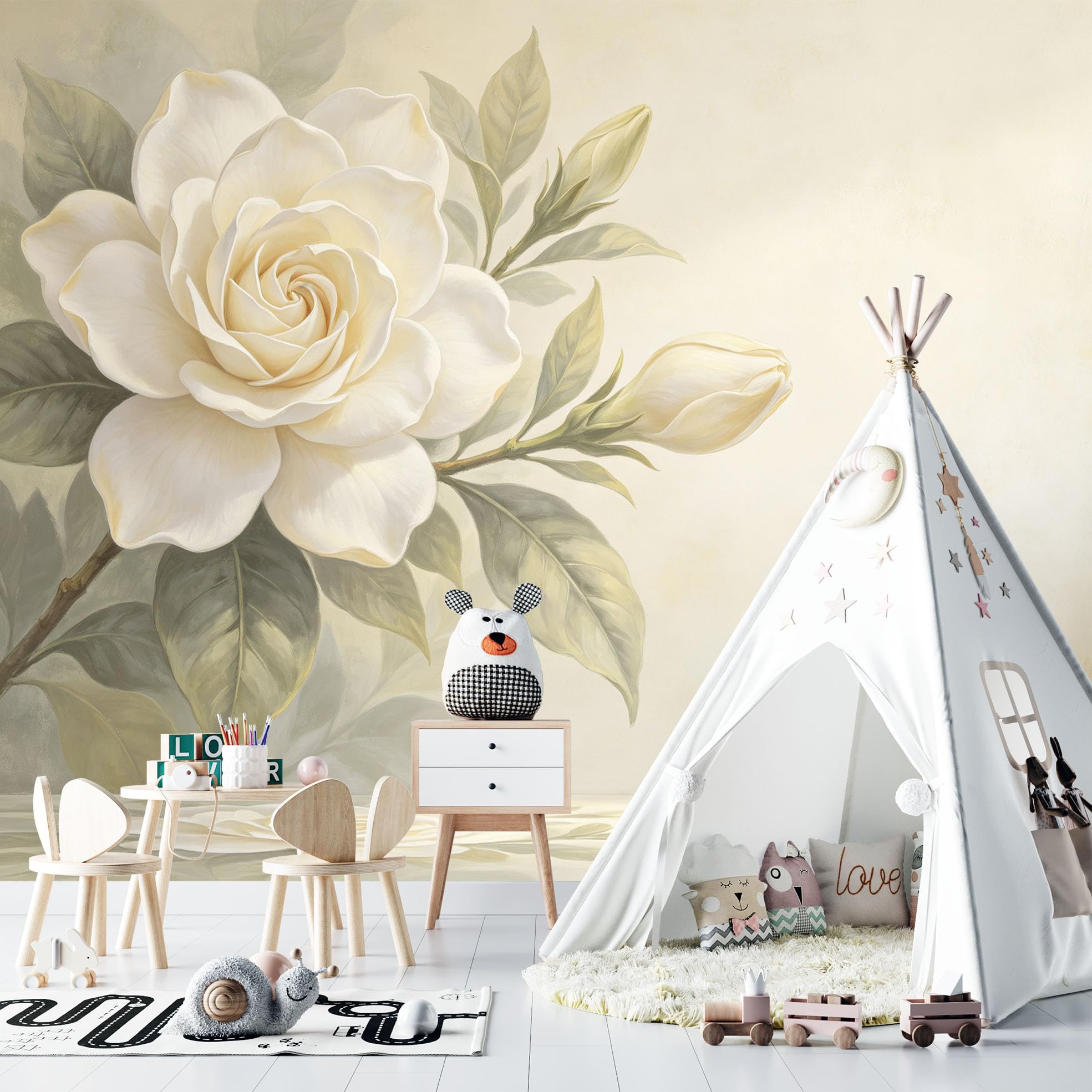 Papier Peint Fresque Murale Panoramique Intissé À Motif Floral Gardénia Blanc Grand Format 210 x 150 cm Style Peinture À L'Huile Décoration Murale Moderne pour Salon Ou Chambre.