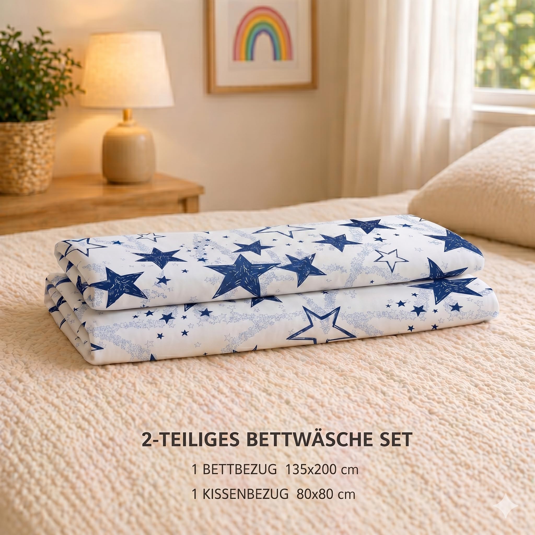 Buymax Kinderbettwäsche 135x200 cm – Sterne Dunkelblau, 100% Baumwolle Renforcé, 1x Bettbezug 135x200 cm & 1x Kissenbezug 80x80 cm, Oeko-TEX Standard 100, weich & atmungsaktiv, mit Reißverschluss