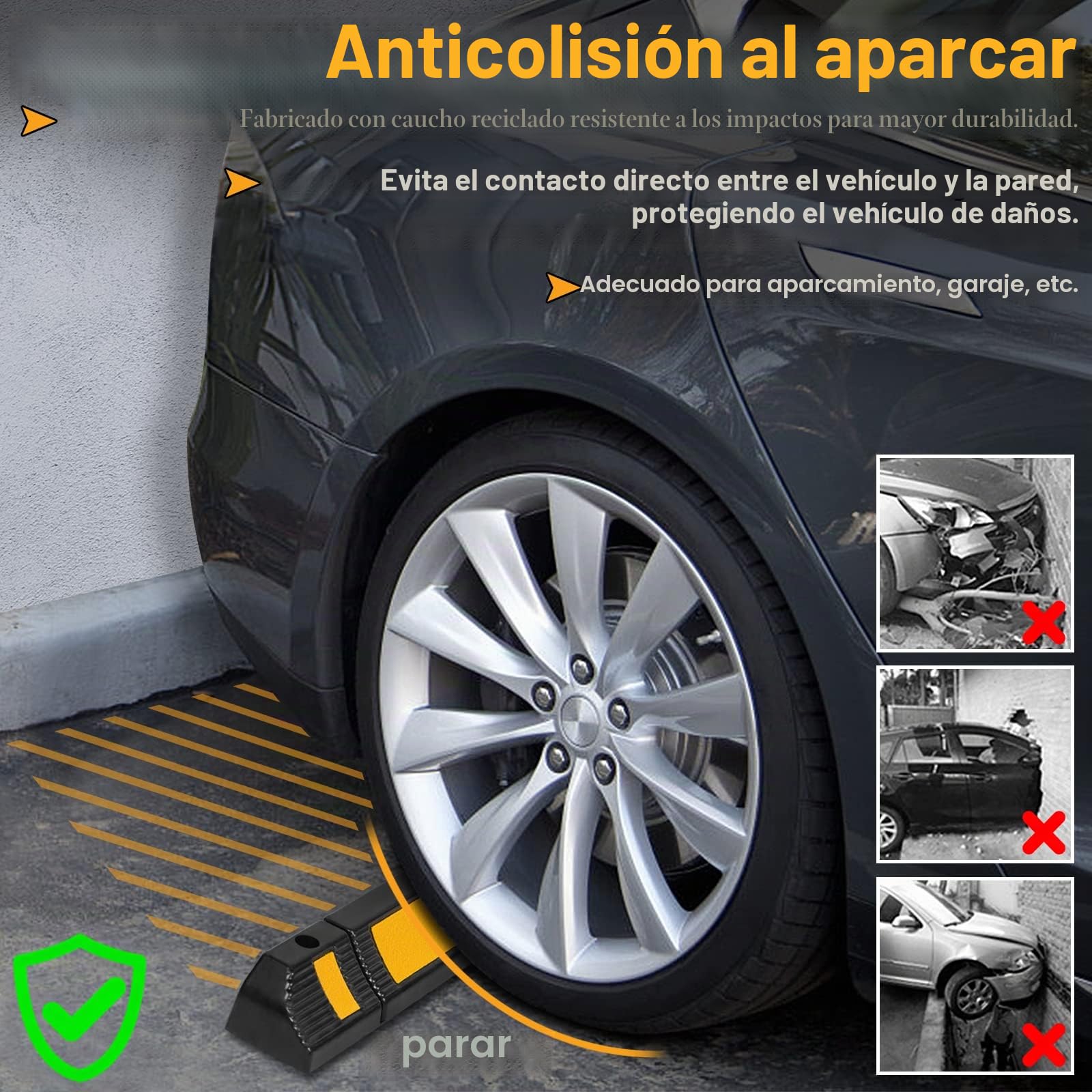 UISEBRT 4 piezas Tope para rueda de goma, Barreras Bloques de Estacionamiento, protección contra arranque con tiras reflectantes para garaje y aparcamiento, 60x12x10cm, Negro+amarillo (4 Piezas)