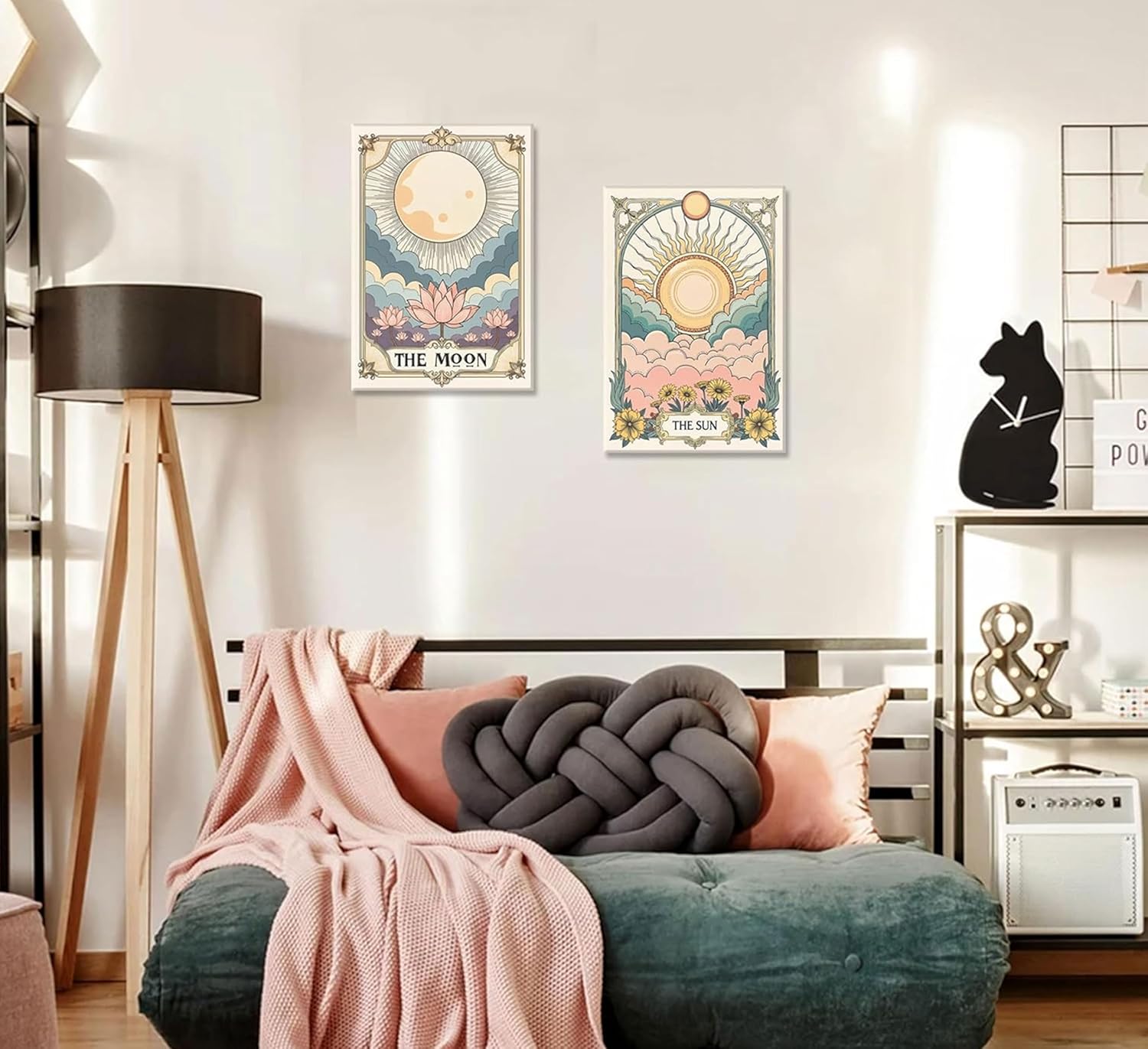 2Pcs Vintage Sun and Moon Canvas Wall Art Neutral Tarot Card Picture Mystical Boho Celestial Painting Flower and Full Moon Lotus Poster Print Astrology Artwork Wall Decor 12x16in Framed